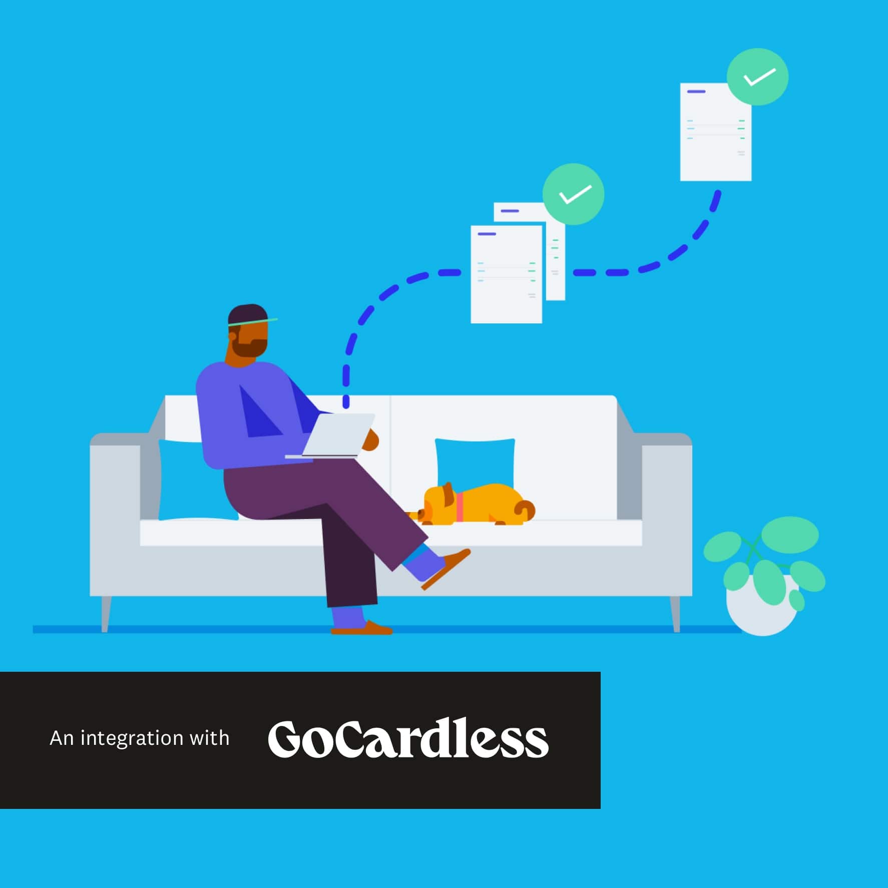 A business owner sits on a couch using their laptop to view payments that have been made.