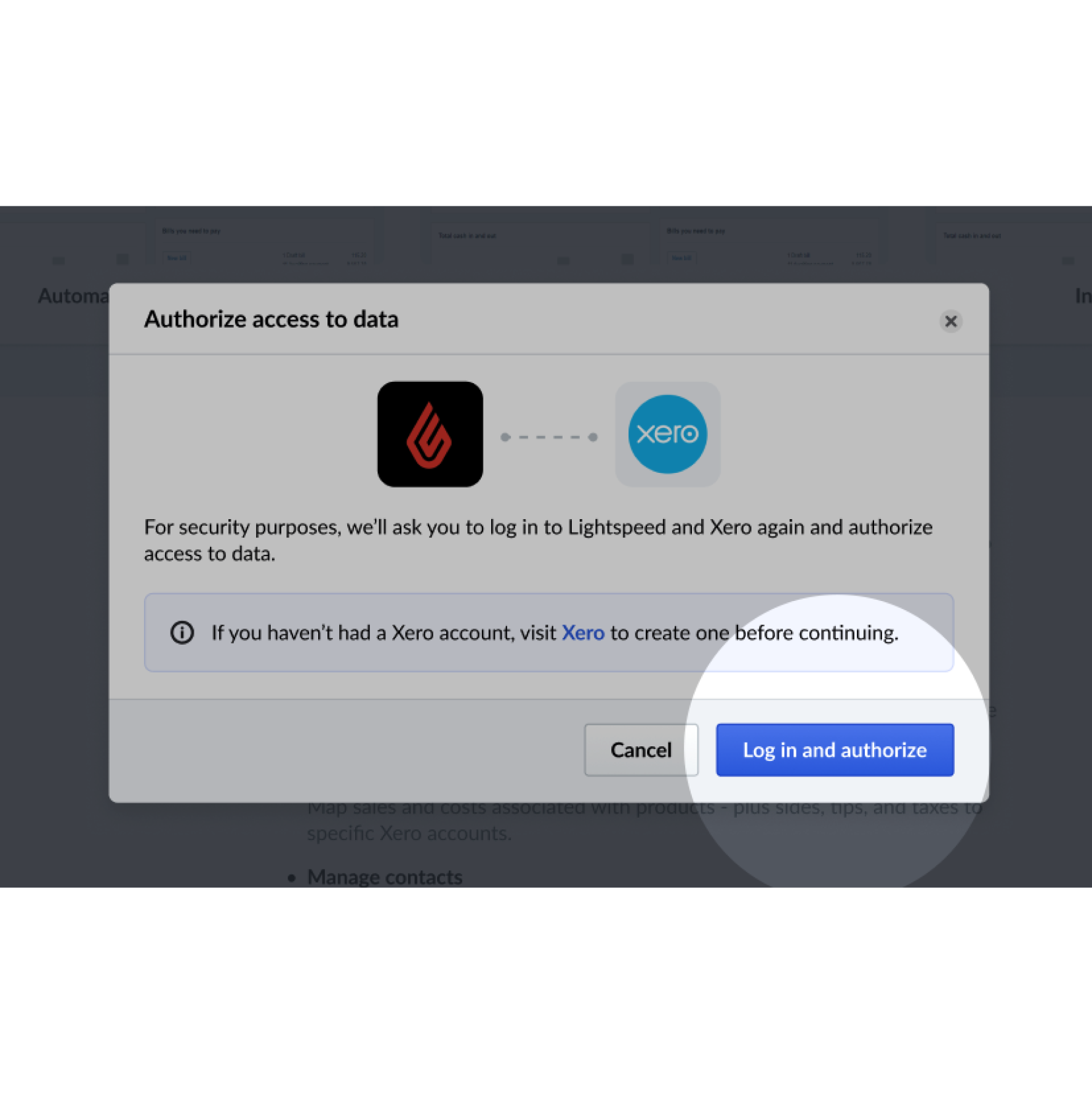 Pop-up screen prompting user to connect Lightspeed and Xero with a 'Log in and authorize' button.