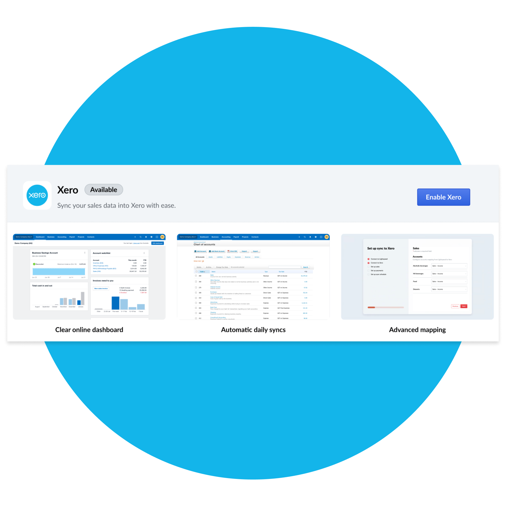 Screen with 'Enable Xero' button allowing people to connect Lightspeed with Xero.