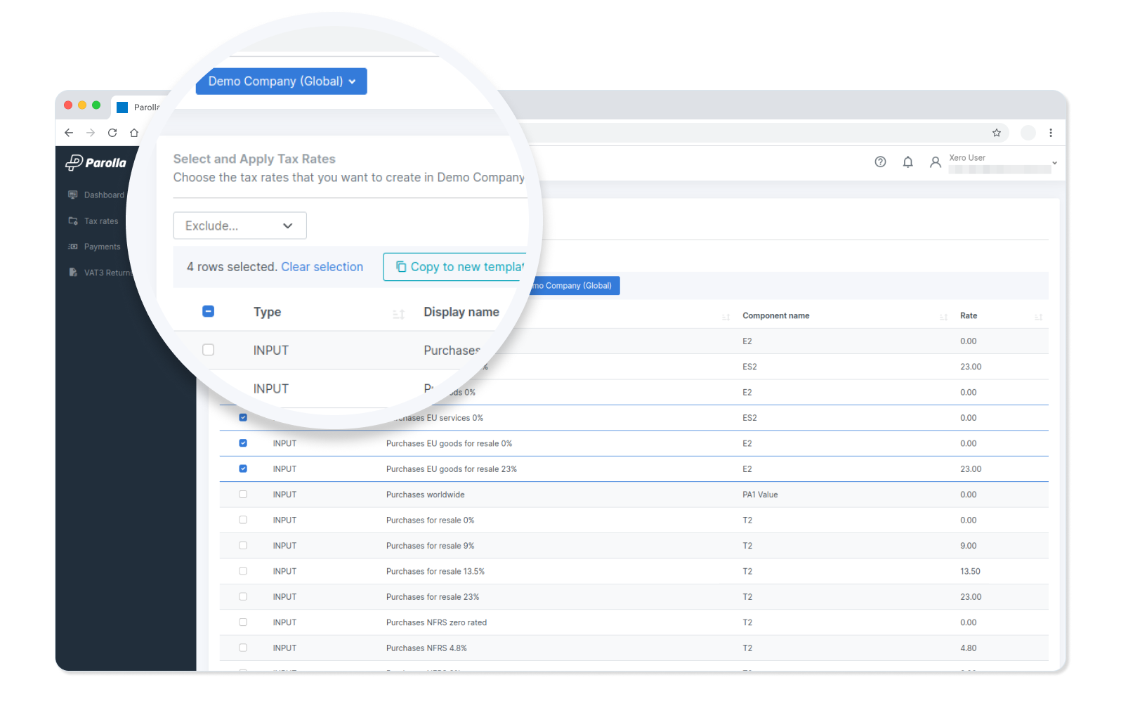 Parolla dashboard showing customised VAT rates