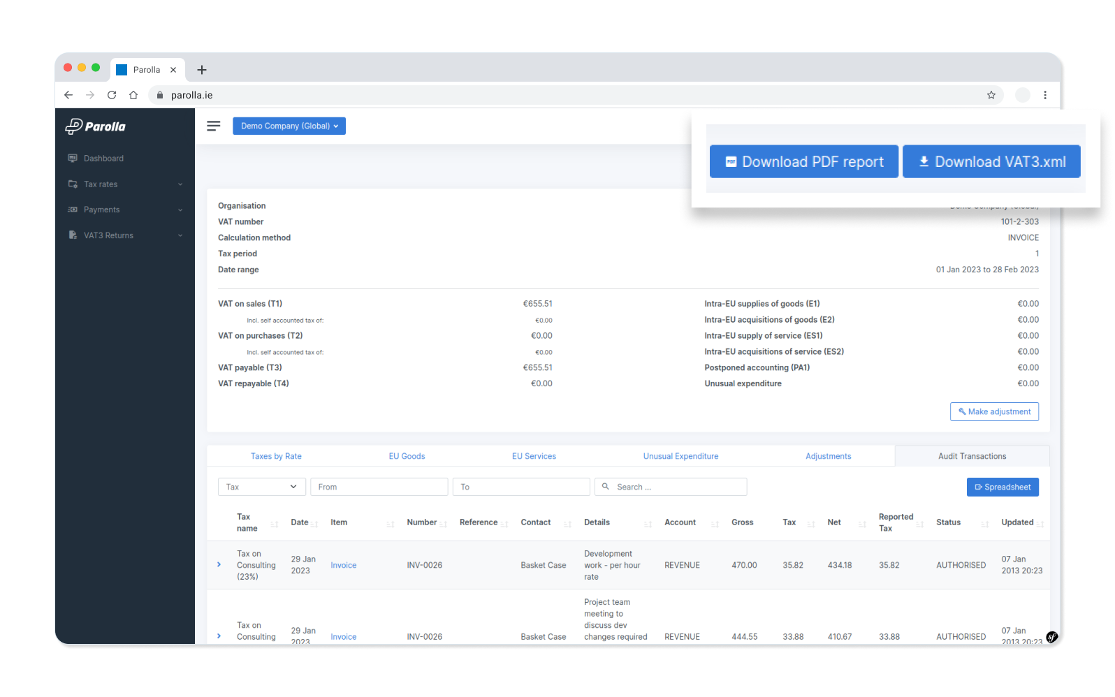  Parolla dashboard showing how to manage VAT transactions