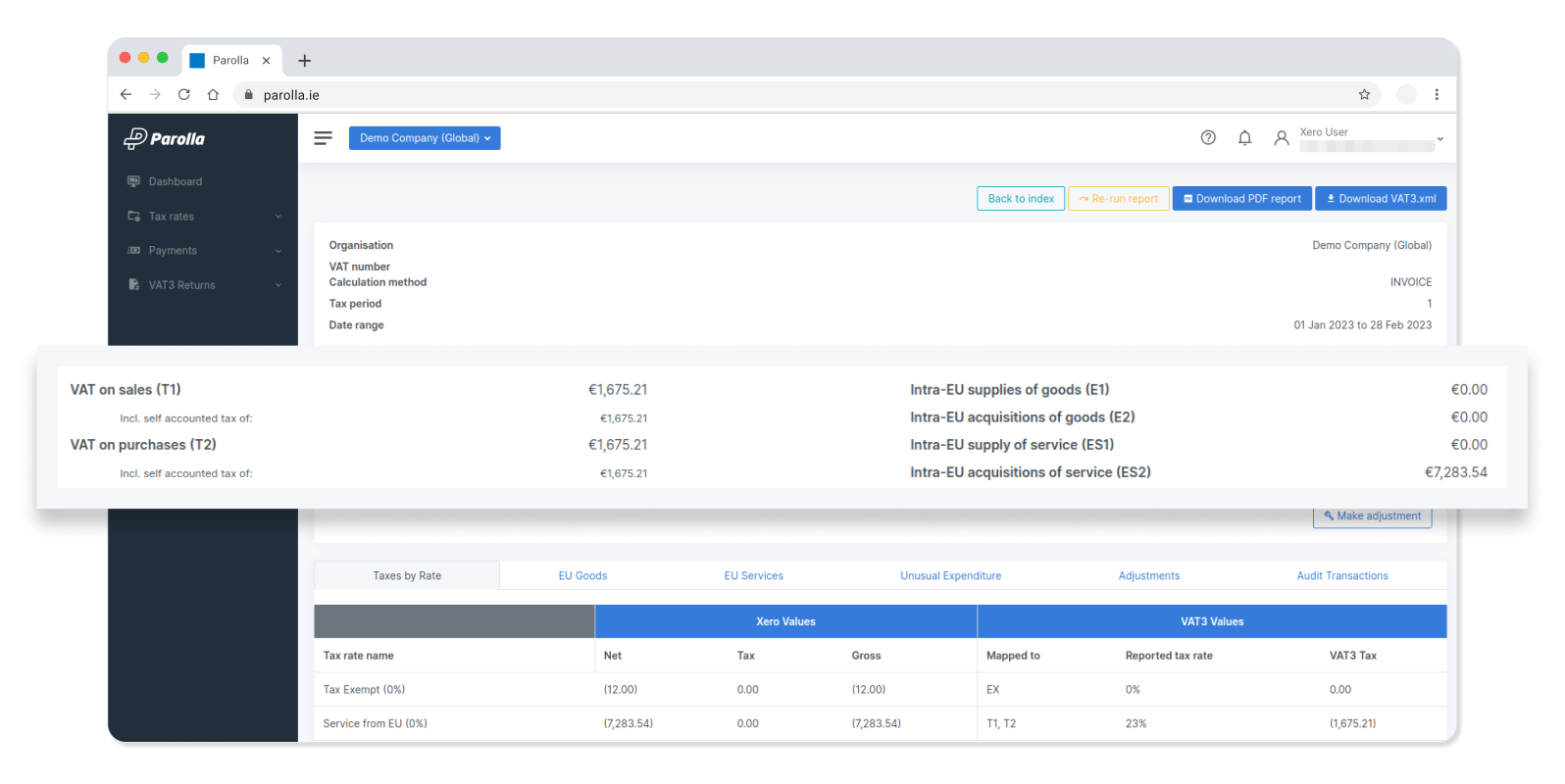 Parolla dashboard showing VAT calculated for you
