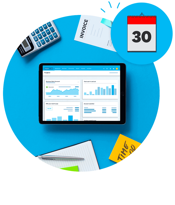 A top-down view of Xero’s dashboard displayed on a tablet with a calculator, invoice, sticky note and pen and paper scattered