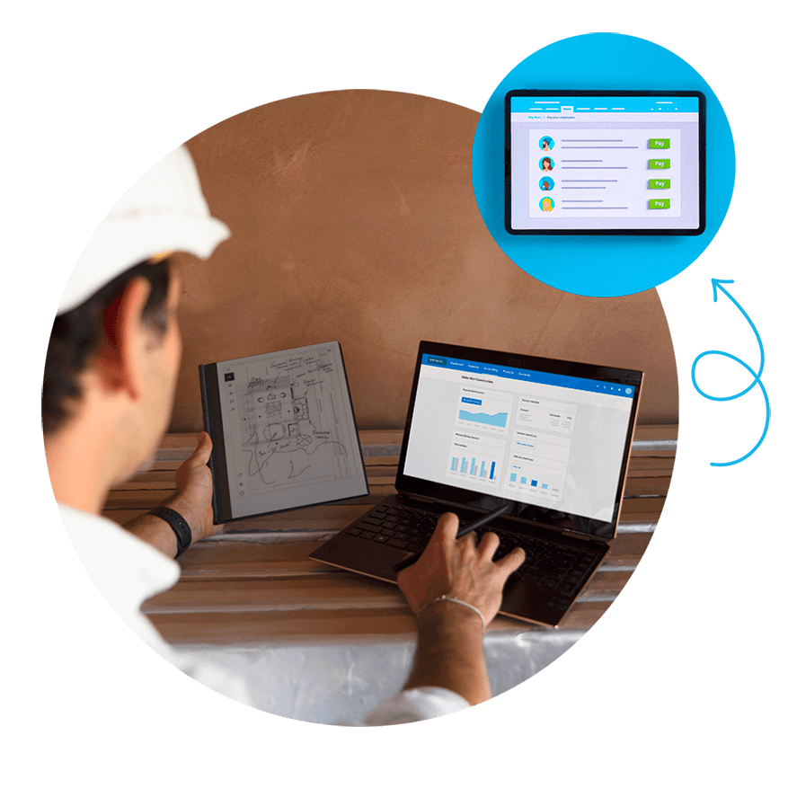 A construction worker using Xero on their laptop with a featured tablet screen of cash flow.