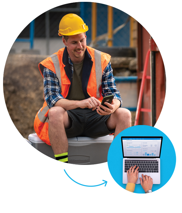 An image of a construction worker using Xero on their phone with an arrow to a bubble of Xero on a laptop.