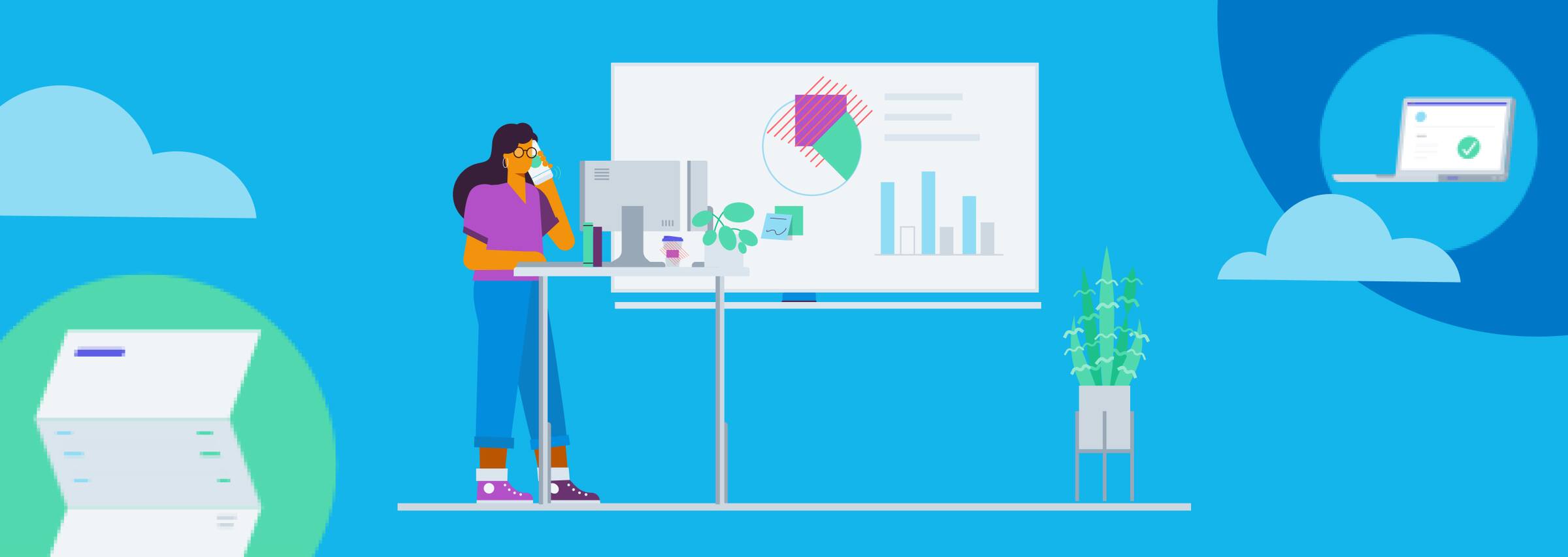 Illustration of lady working on computer infront of a board of charts