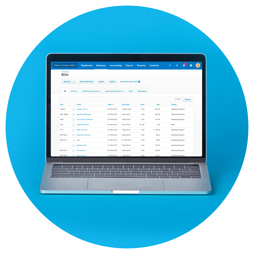 A list of bills displays in Xero.