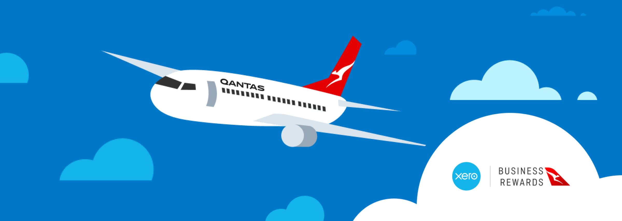A Qantas plane flying, with the Xero logo and the words 'Business rewards'