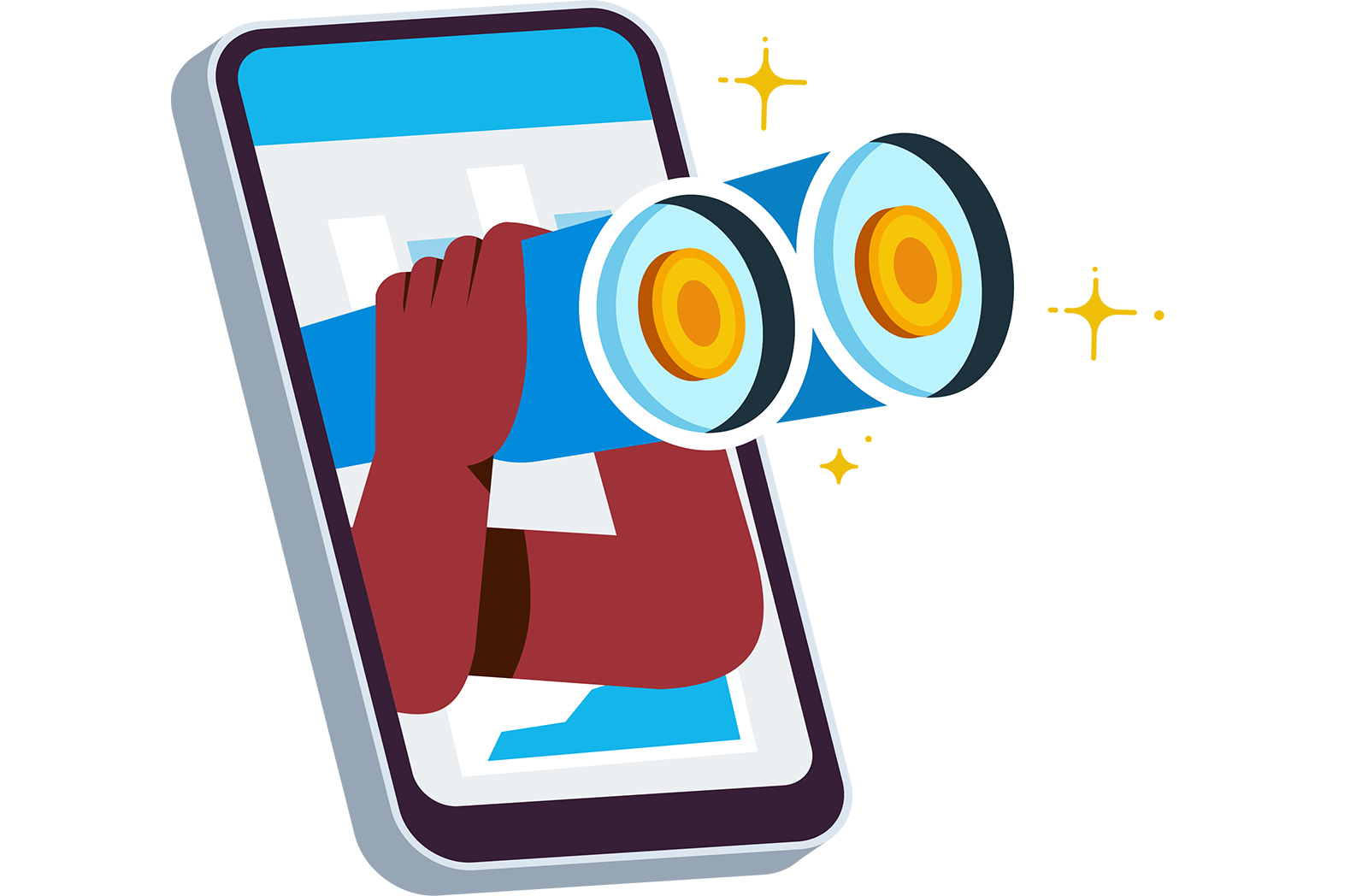 A mobile phone displays a Xero dashboard with binoculars for viewing real time cash flow.