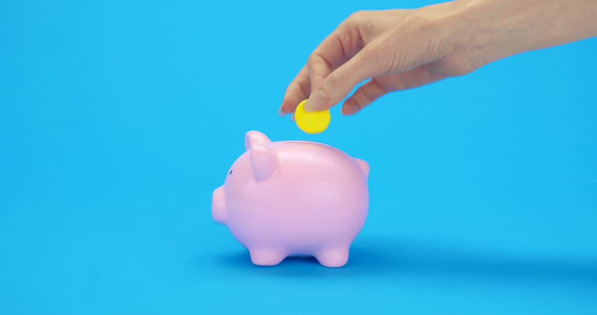 Toy money goes into a piggy bank.