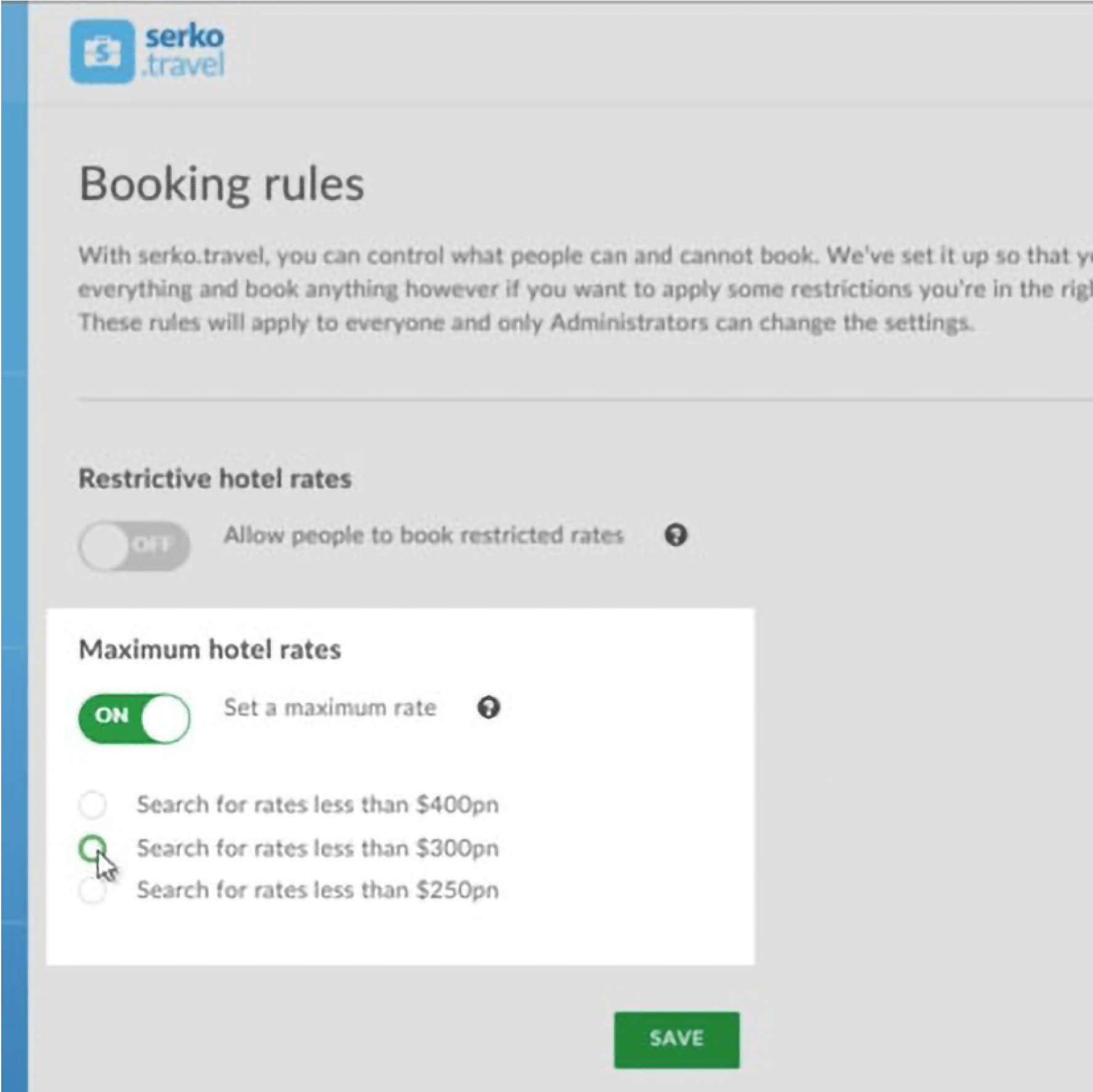 Selecting hostel rates on the serko.travel app
