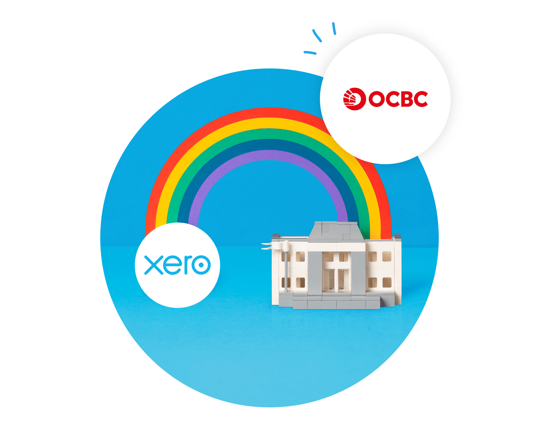 Image of Rainbow connecting the Xero logo and OCBC logo