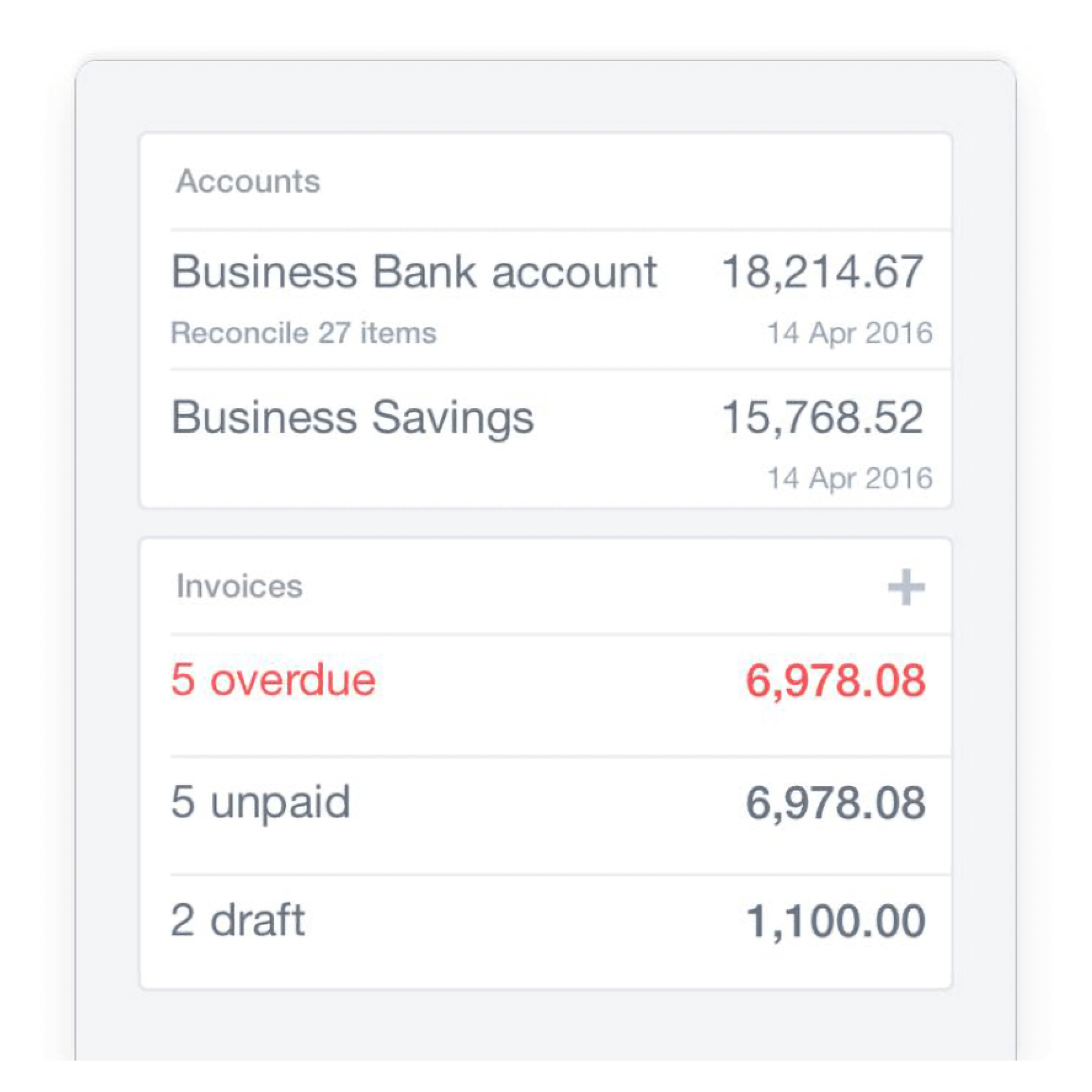 A list of bank accounts and overdue invoices