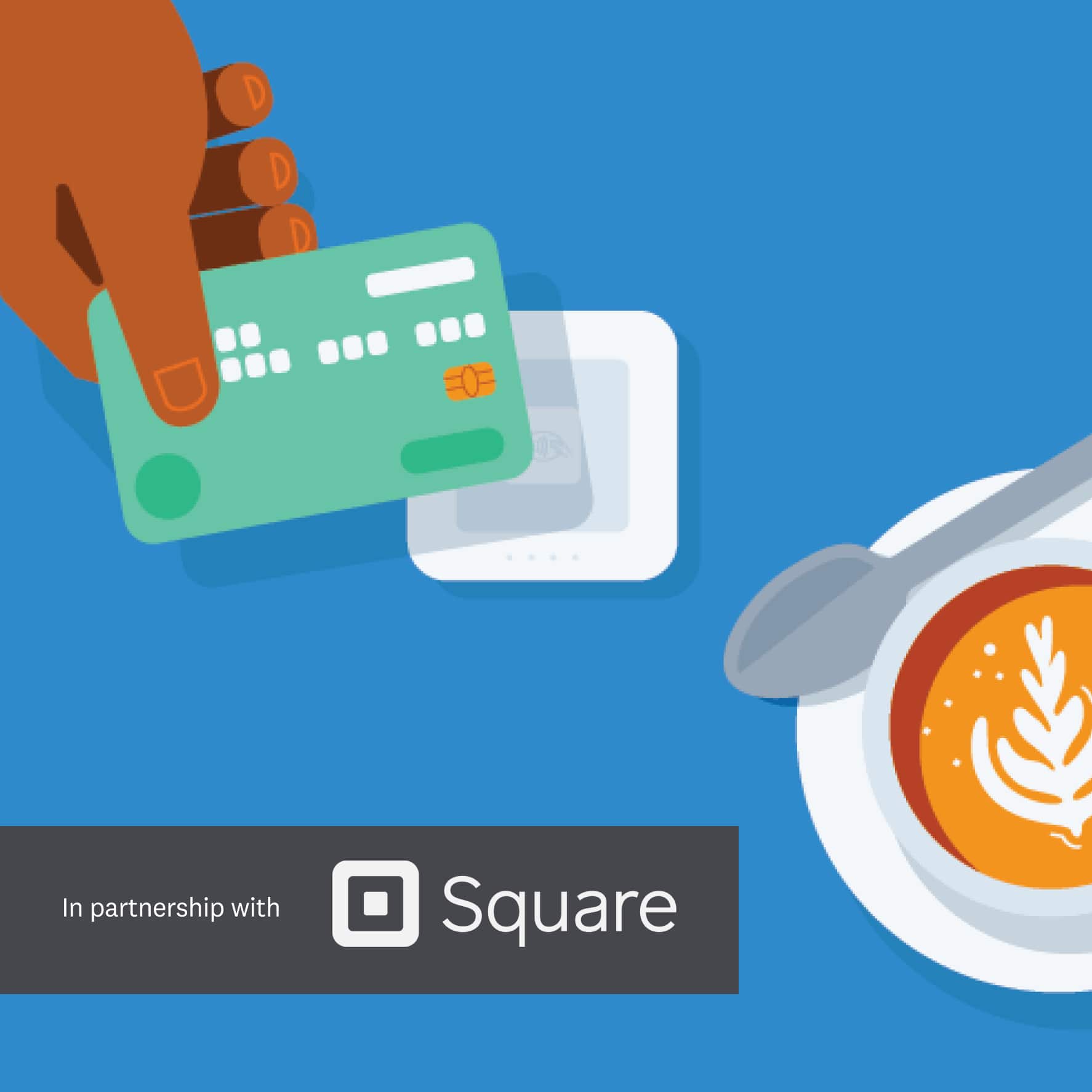 A hand making a contactless credit card payment, with the logo "In partnership with Square"