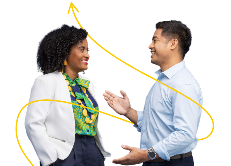 Two accountants having a conversation with a yellow arrow swirling around them pointing above