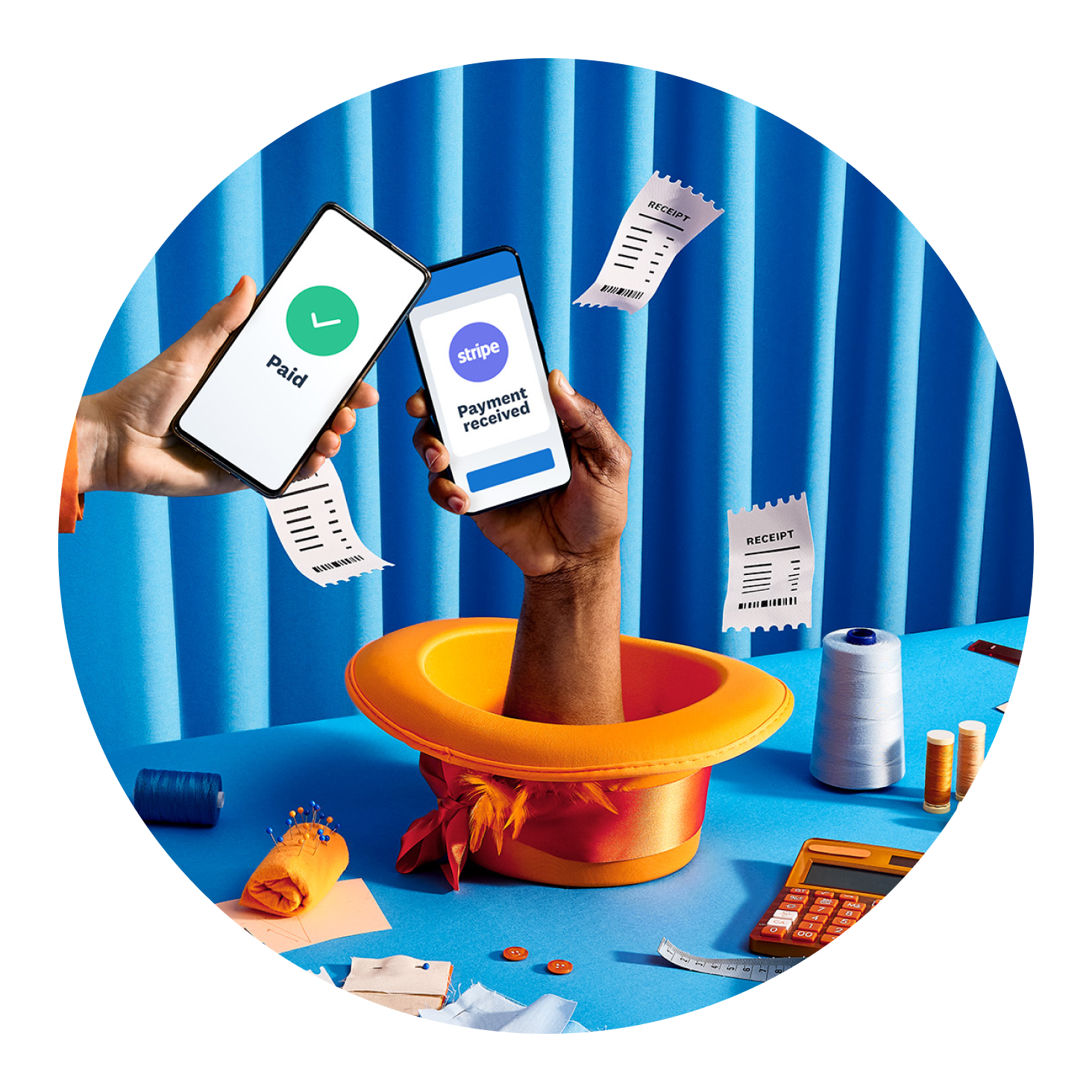 A circle with two hands showing a payment using Stripe