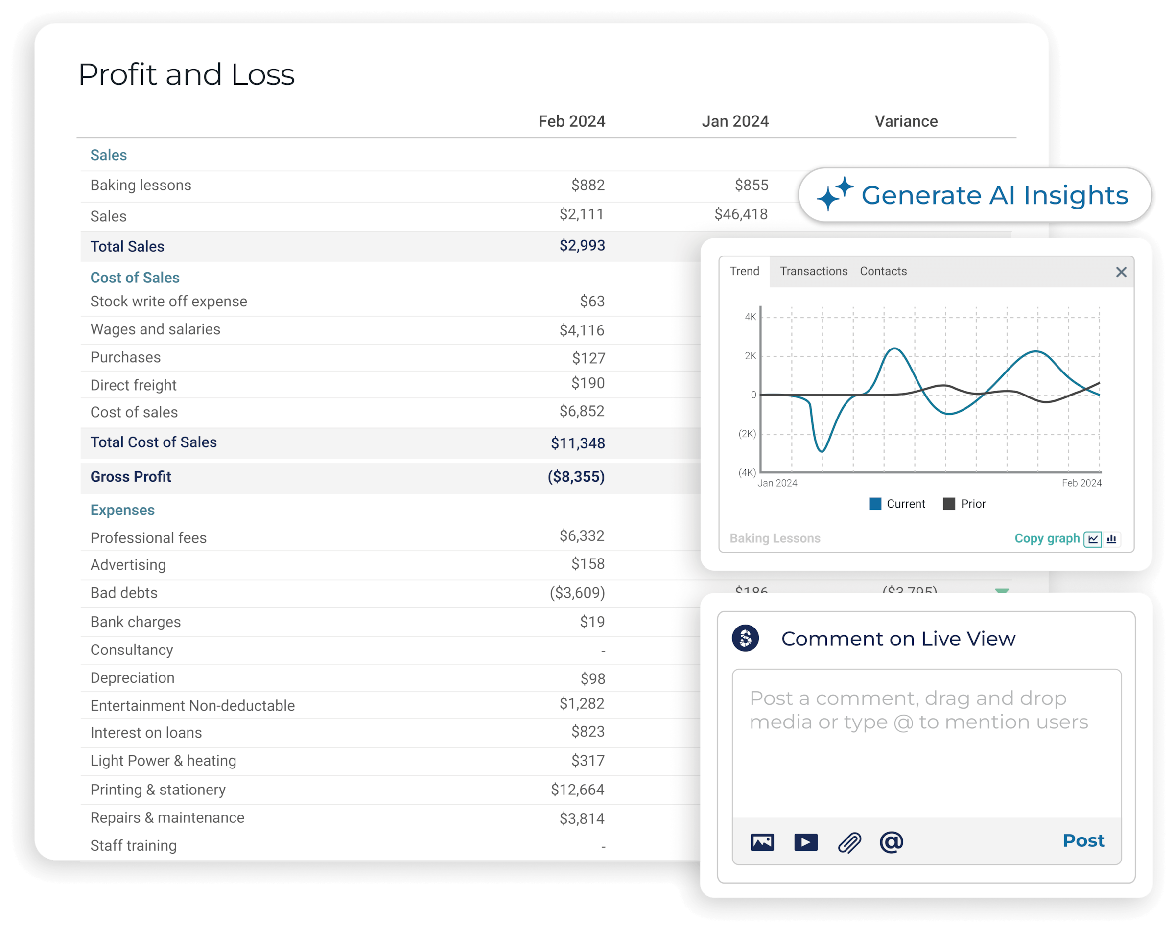 An image of the profit and loss reports, trends and snapshot of how to comment on a live view.