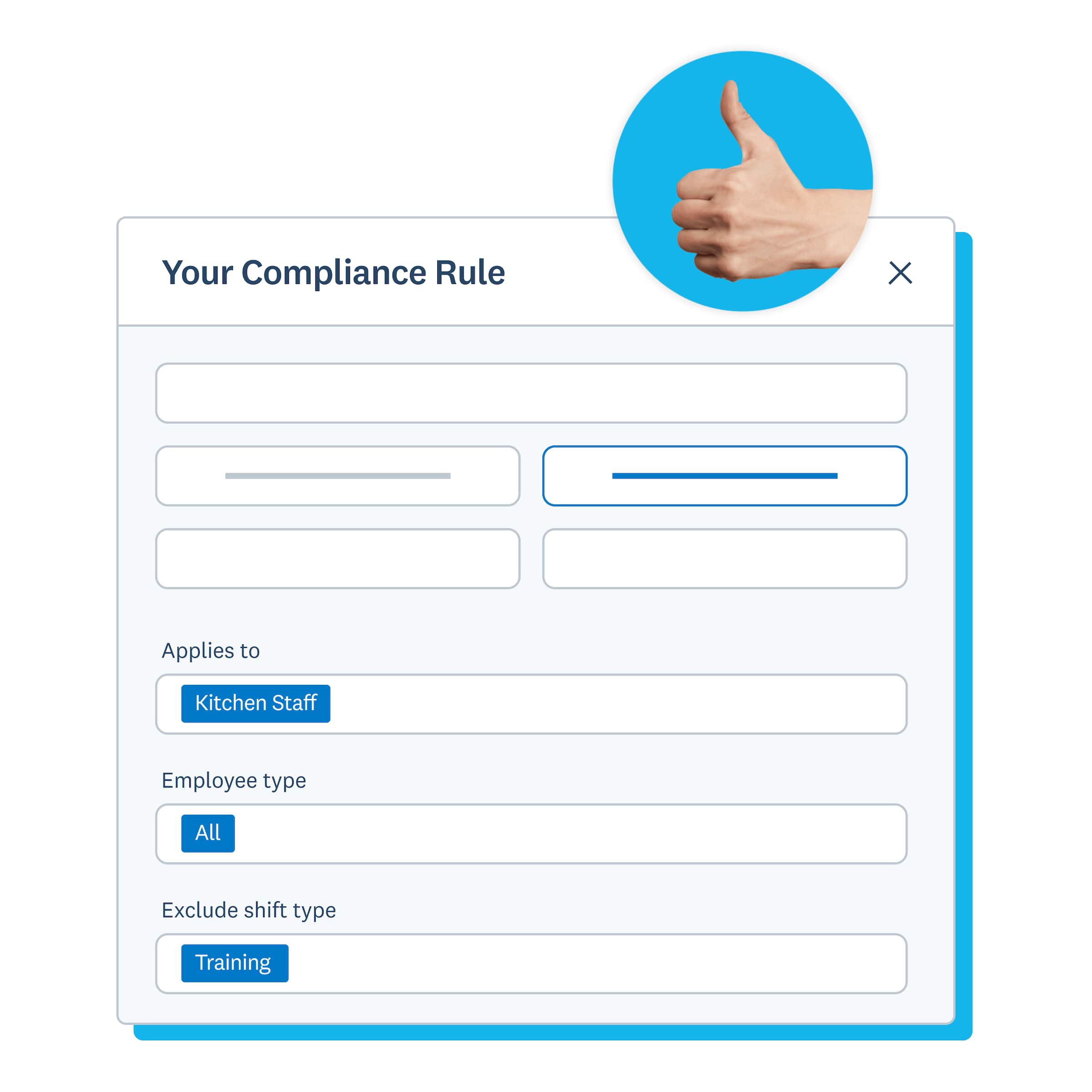 A thumbs up and a screen showing compliance rules that can be set up on the Planday workforce management system.