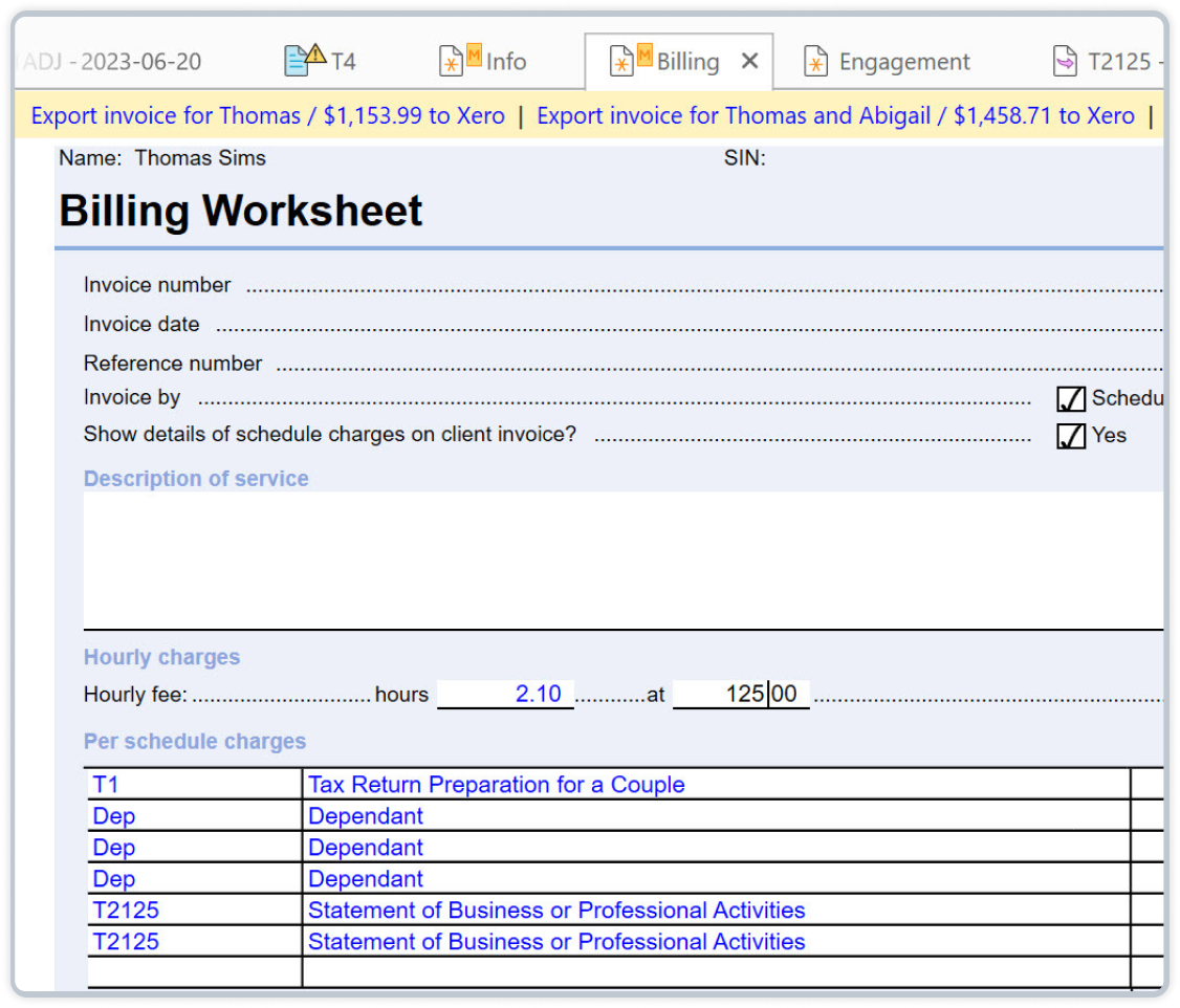 The TaxCycle Billing Worksheet for exporting an invoice to Xero.