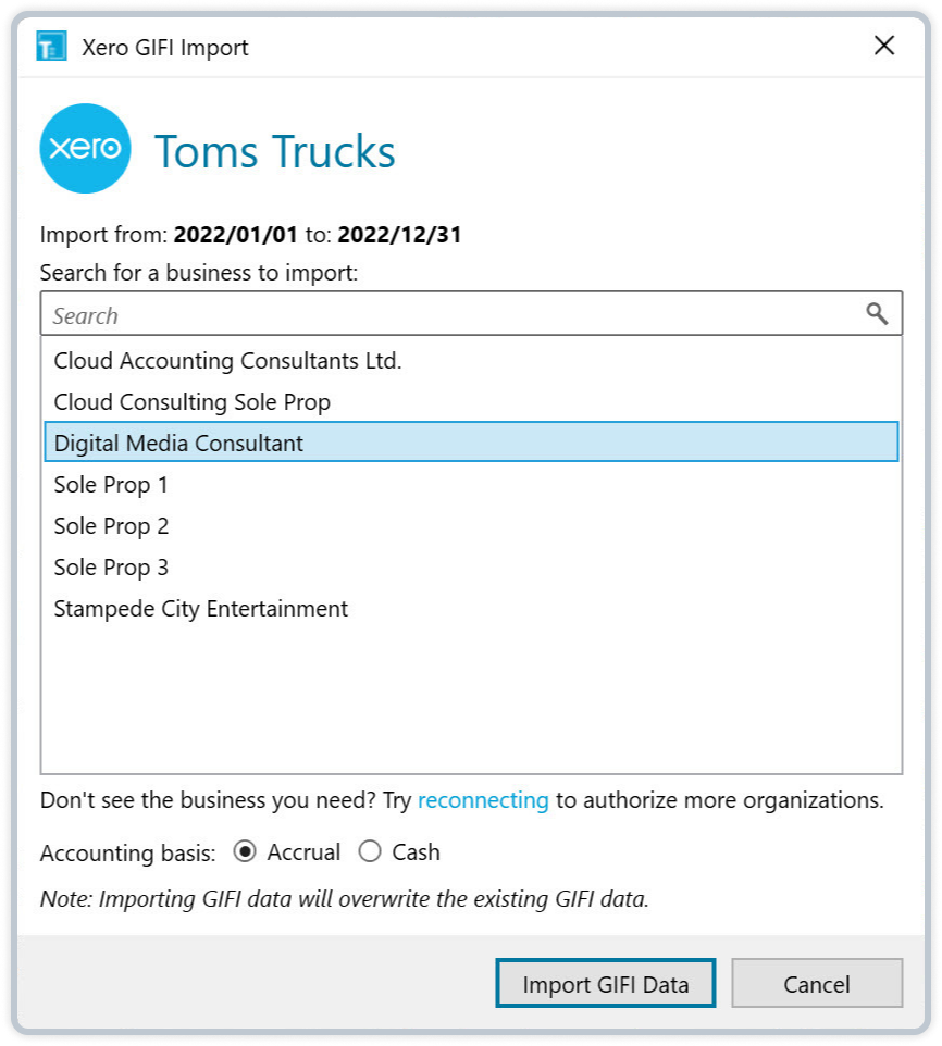 A Xero GIFI data import brings data into TaxCycle.