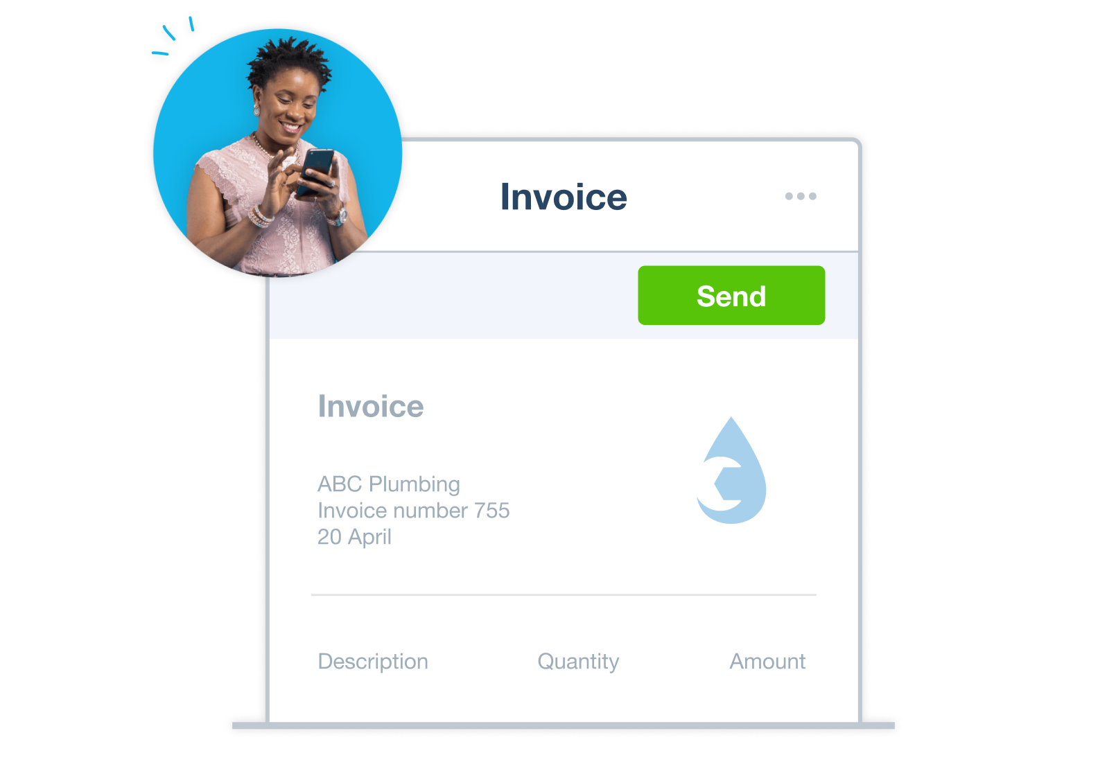 An accounting app invoice showing customer address, quantity and amount.