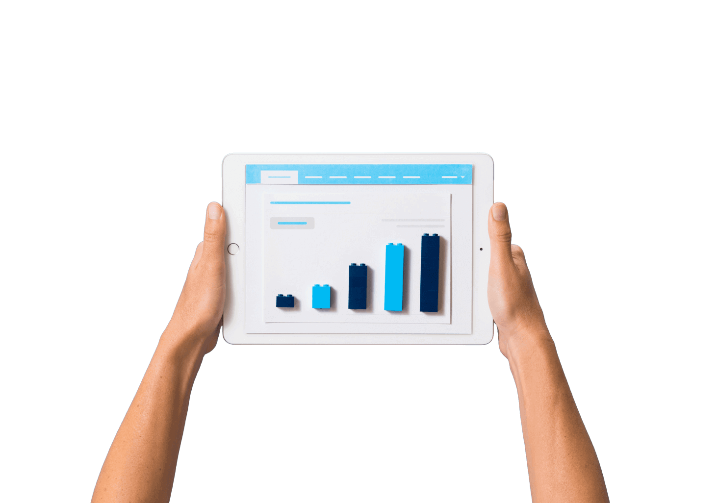 Person holding up tablet showing rising graphs