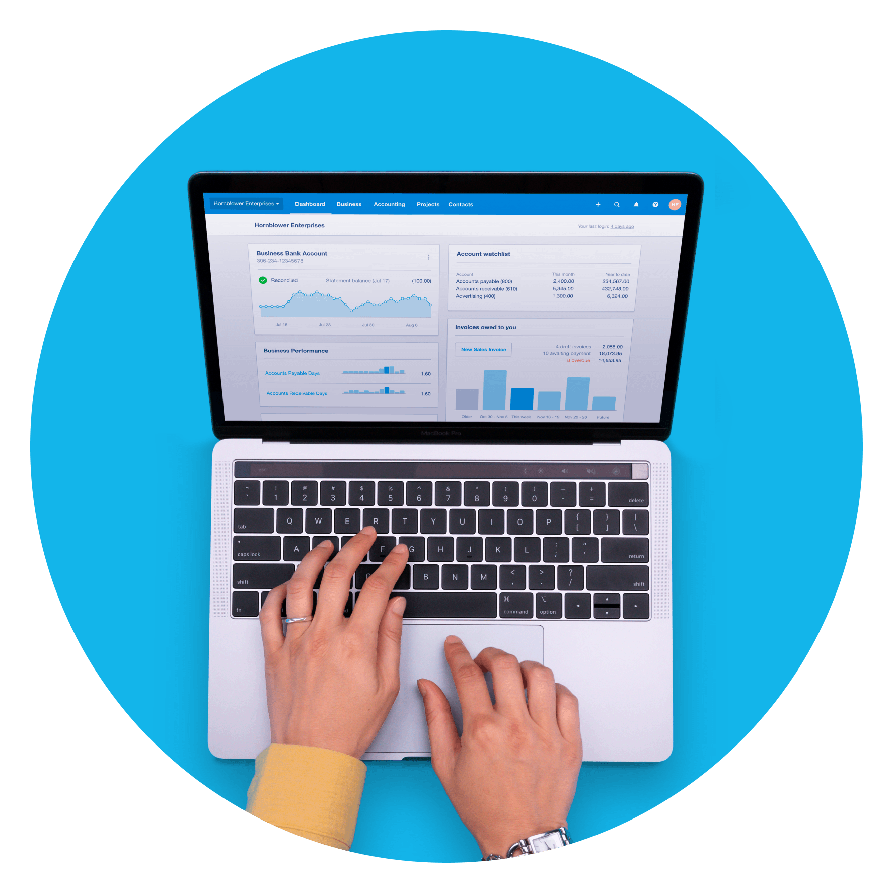 A person is looking at the Xero dashboard on a laptop