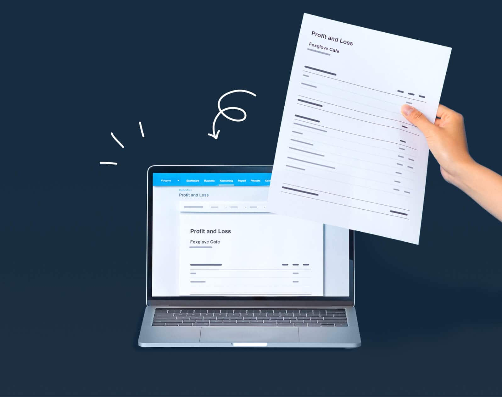 A profit and loss report displays on a laptop screen and a copy has been printed.