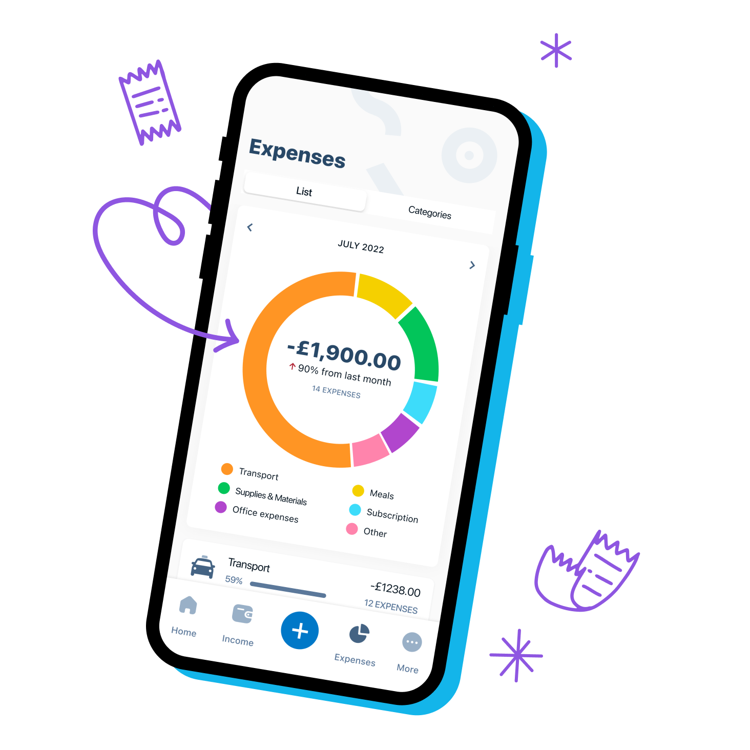 Illustration of Xero Go expenses screen showing categorised chart of expenses