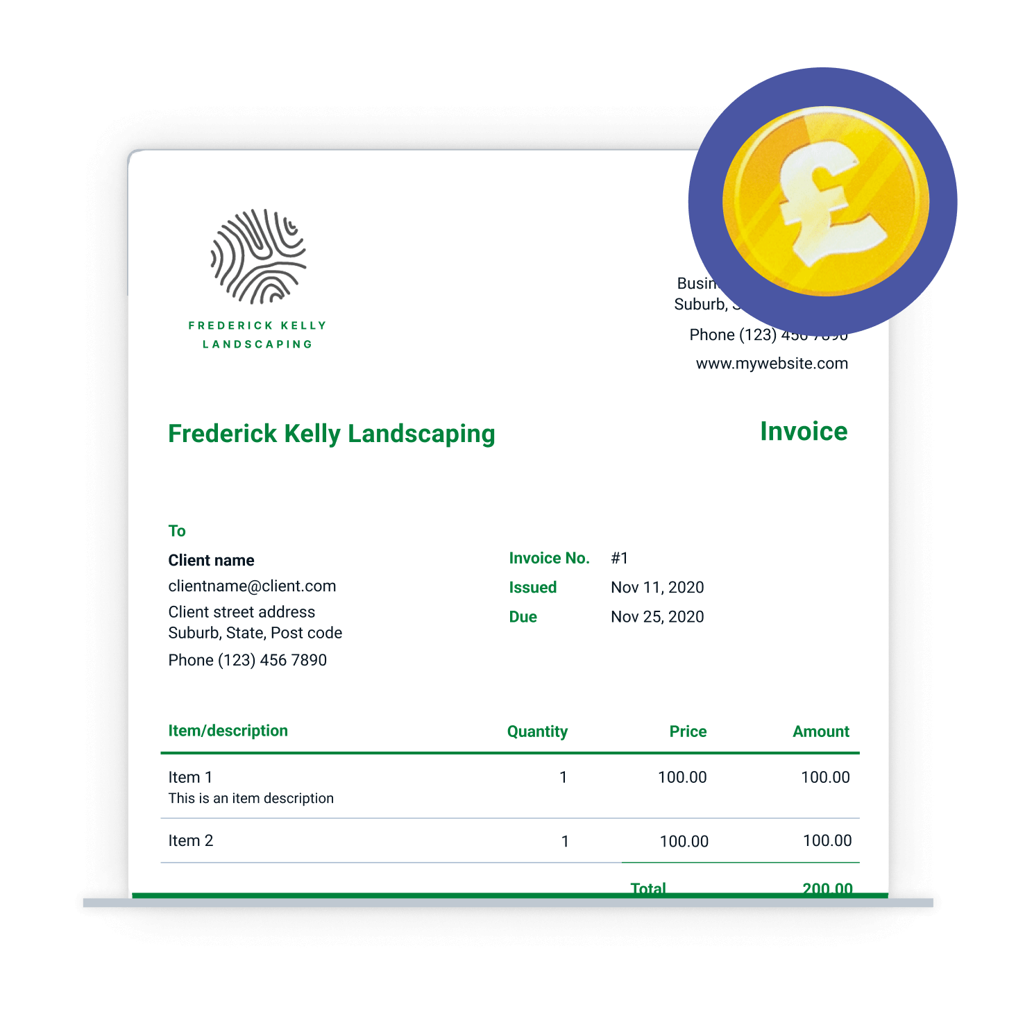 A professional looking invoice that has been customised by a small business.