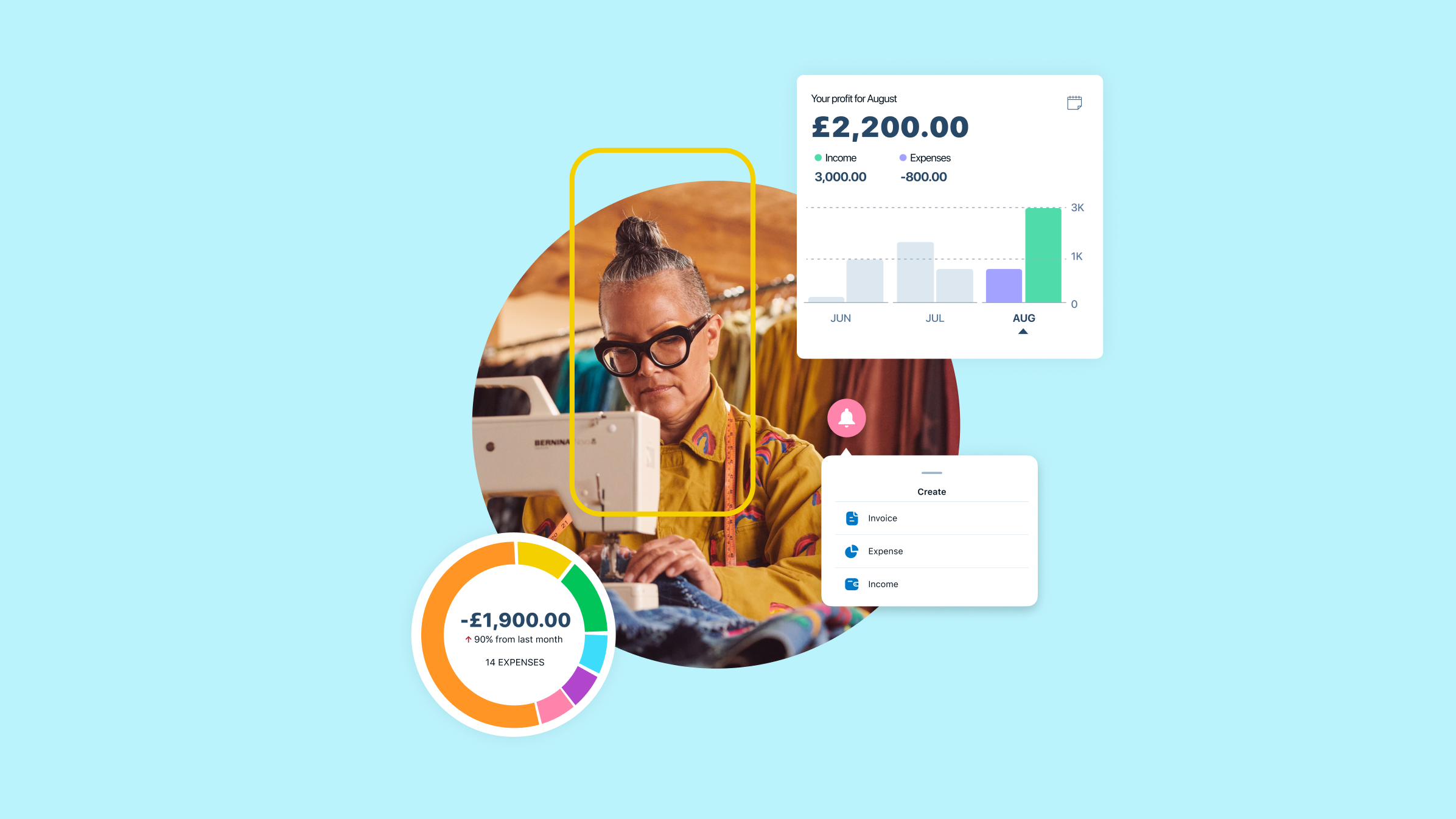 Blue background with designer using a sewing machine. Xero go dashboard surrounds the designer.