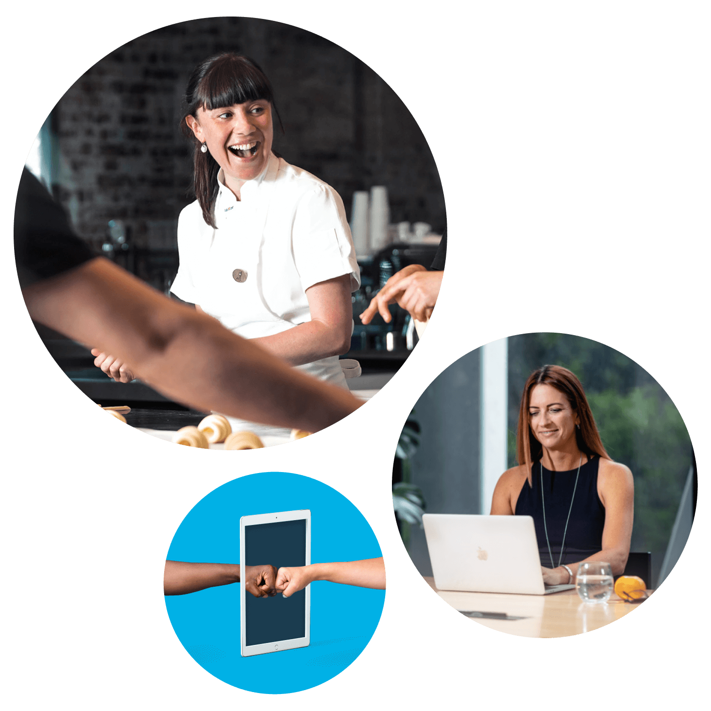 A small business owner smiles while busy working. Another image shows their accountant accessing data on a laptop.