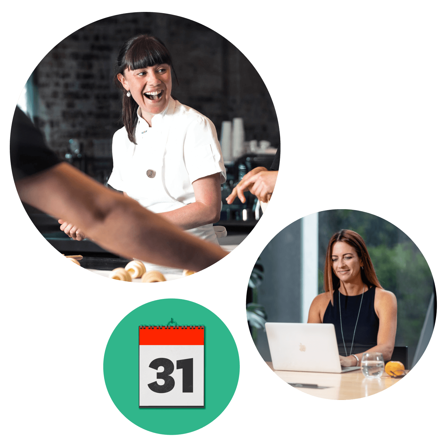 A small business owner smiles while busy working. Another image shows their accountant looking at the data online at tax time.
