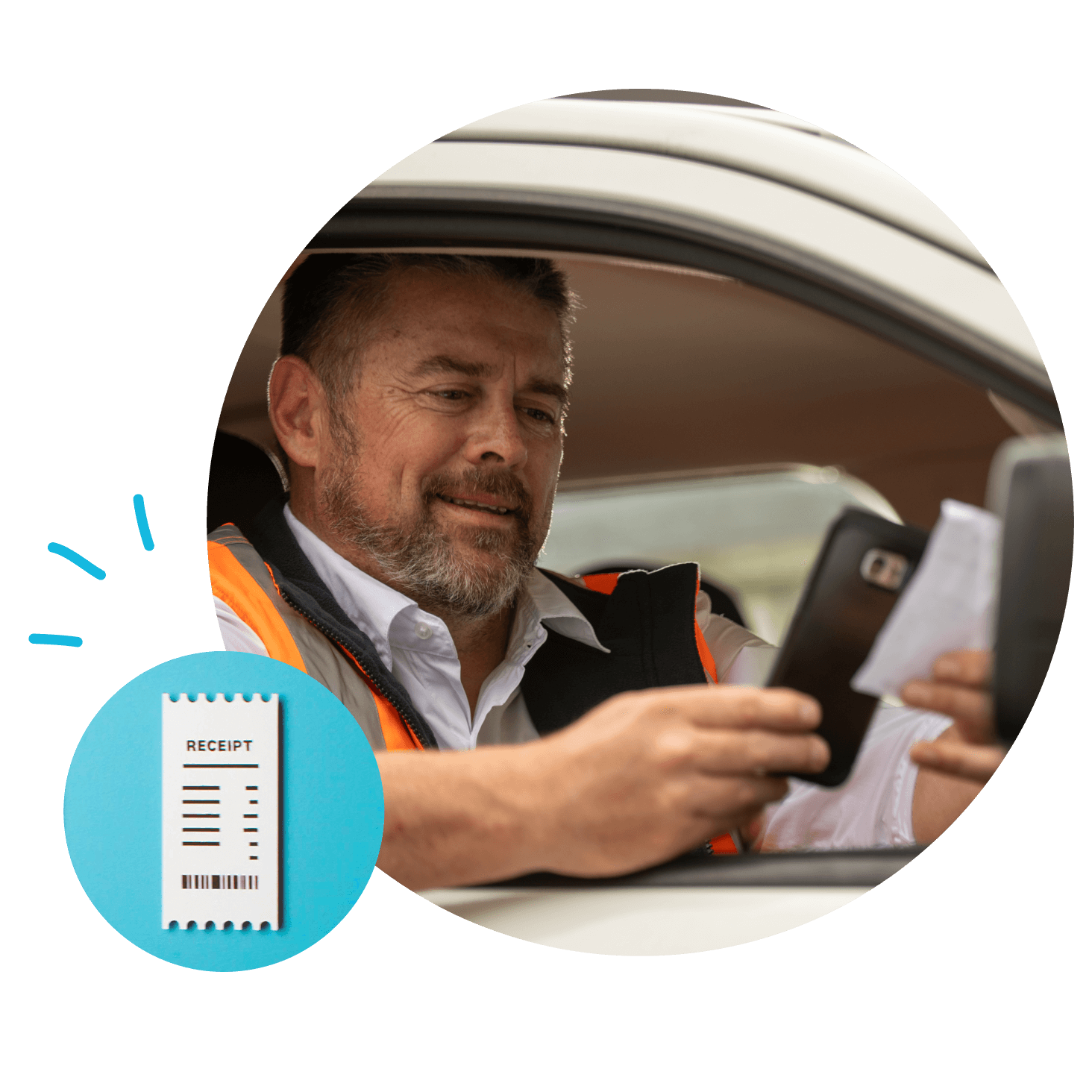 A tradesperson holds their phone up to easily scan a receipt with their phone.
