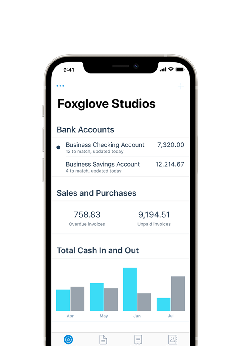 Phone showing business bank accounts, sales and purchases, and total cash in and out