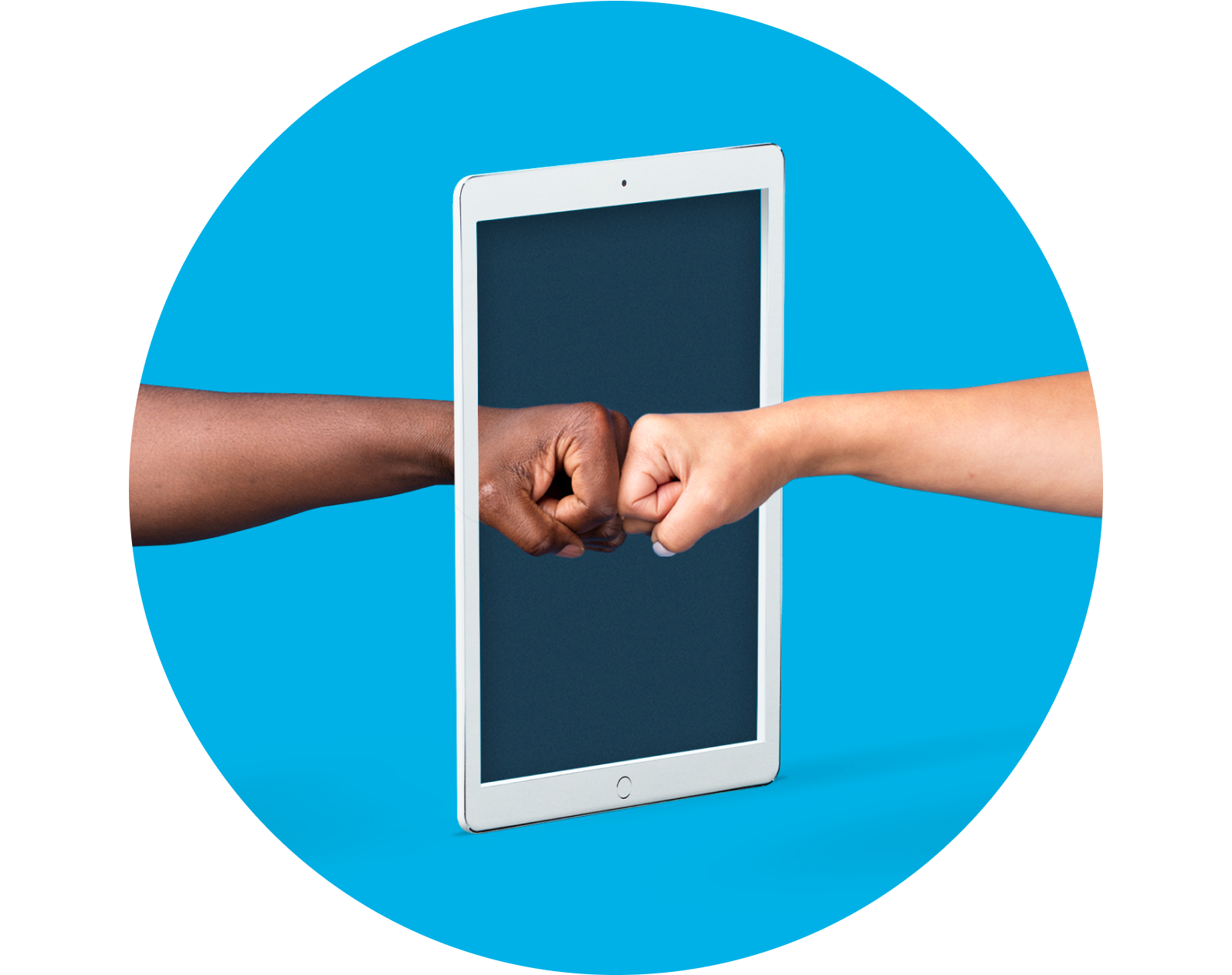 Two hands fist pumping through a tablet device.