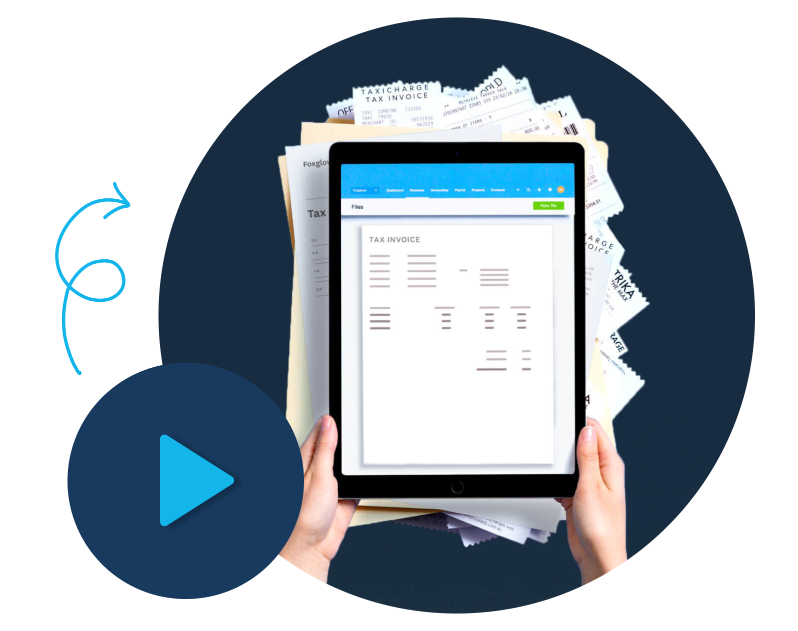 Play button pointing to tablet device showing a tax invoice.
