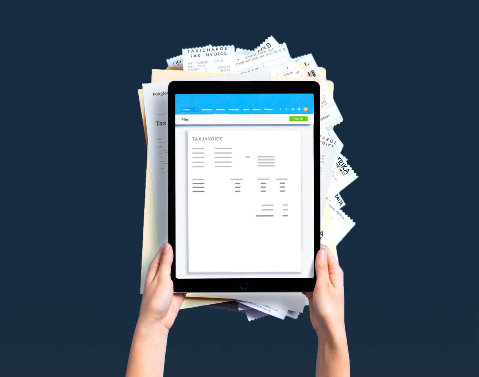 A tablet displays a tax invoice stored in Xero.