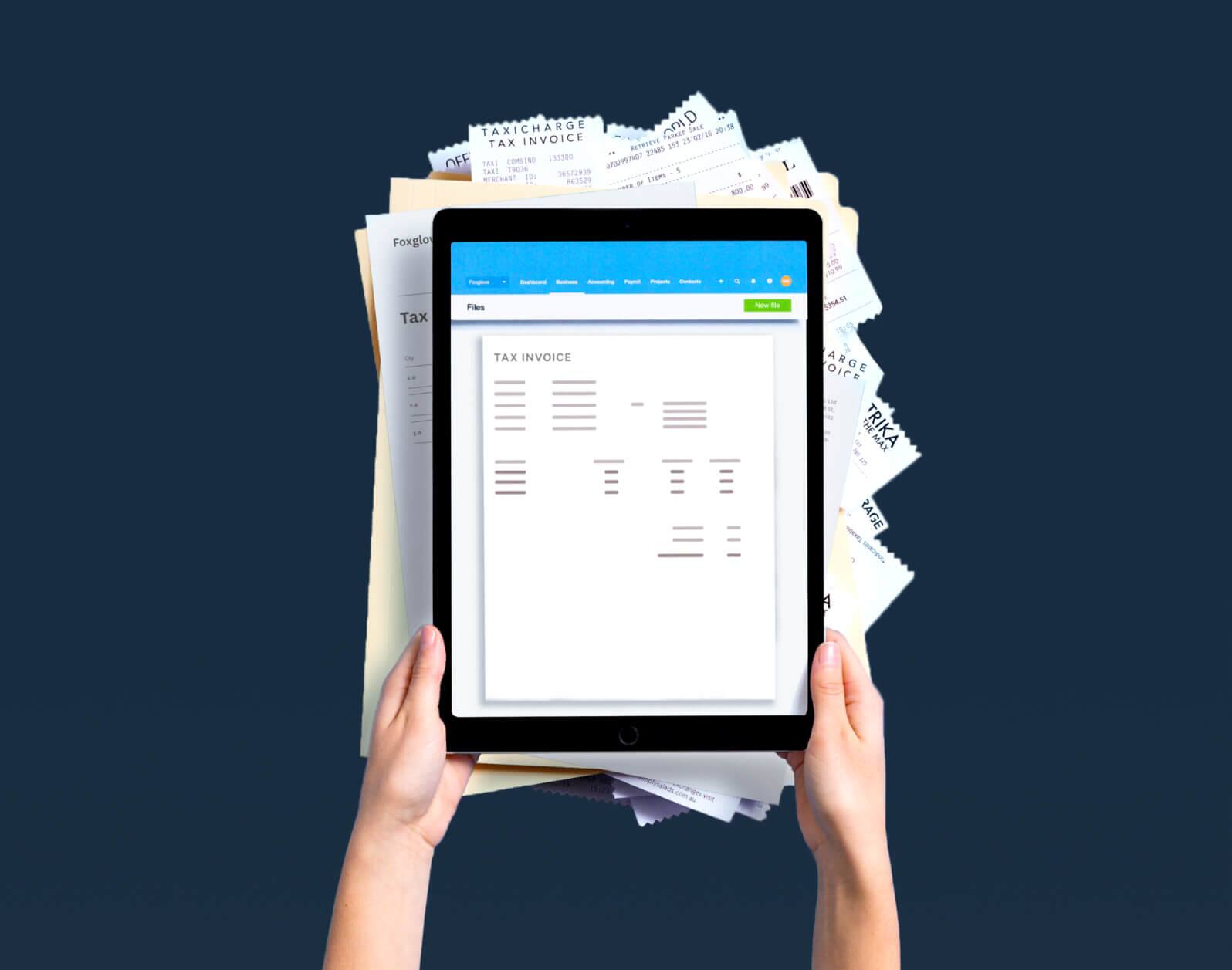 A tablet displays a tax invoice stored in Xero. 