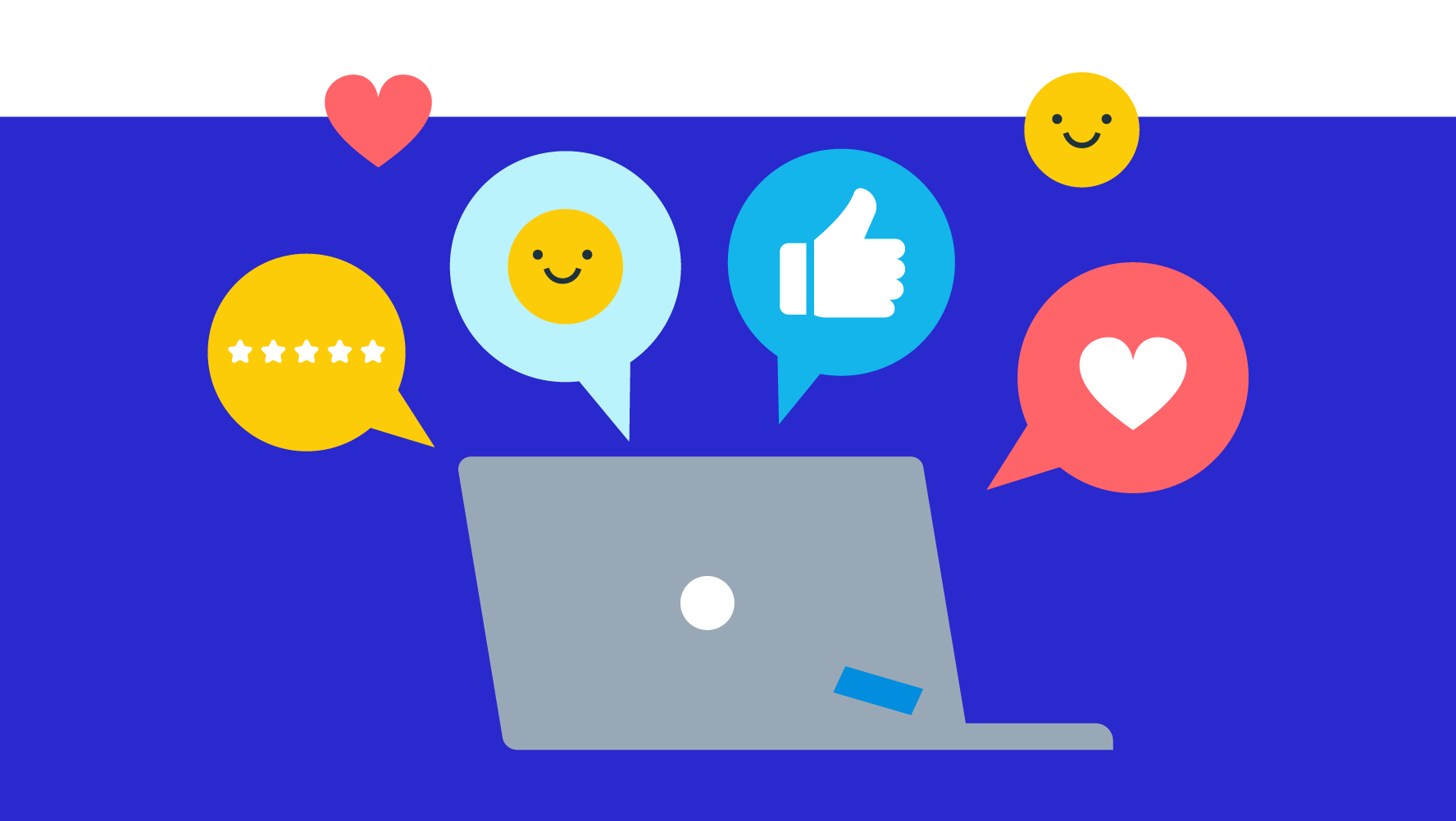 A laptop with happy emojis around it