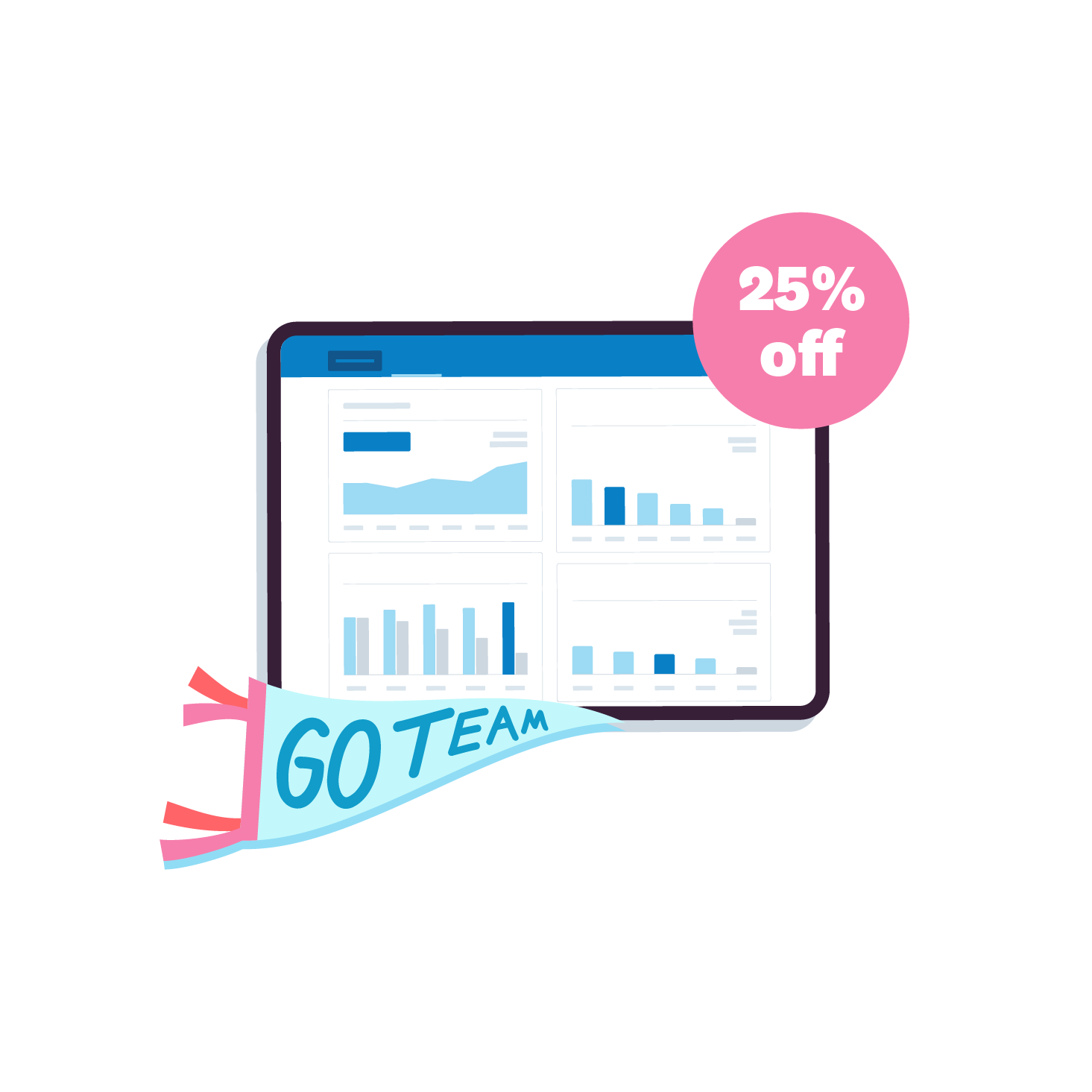 Charts on the Xero dashboard, a 25% off sign, and a banner that says ‘Go Team’