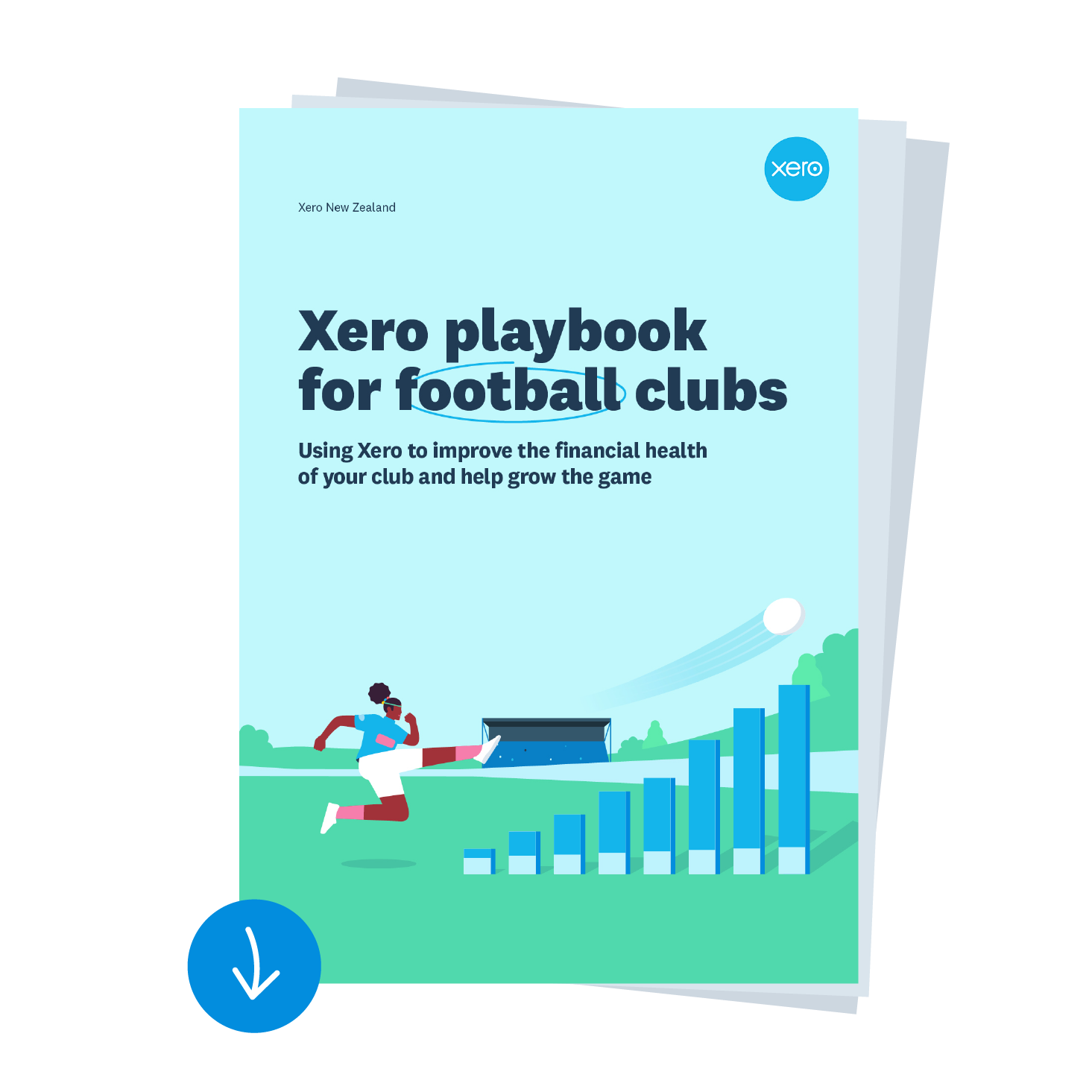 Image of the front cover of the Xero playbook for clubs which features an illustration of a women playing football