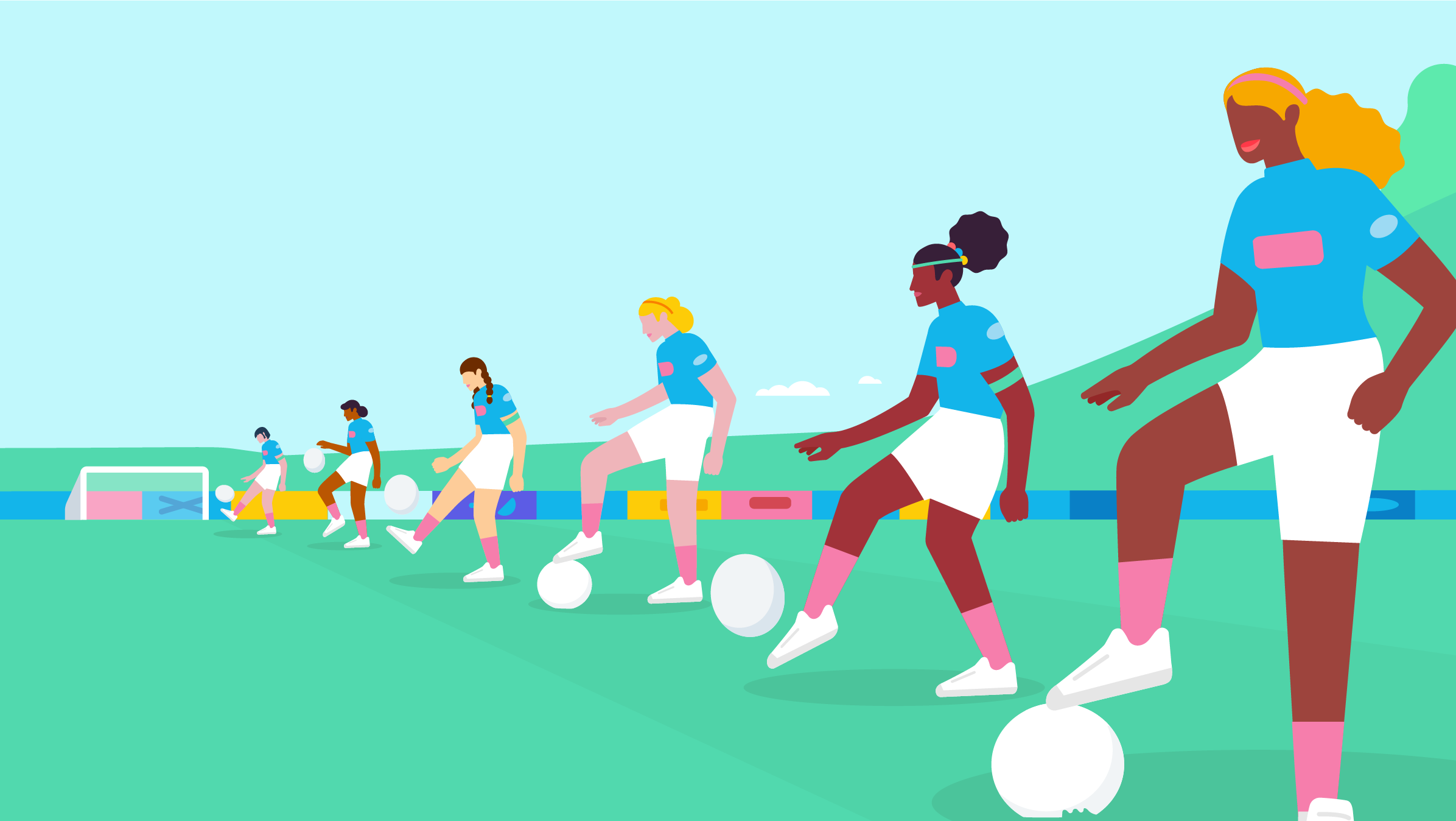An illustration of a line of female footballers kicking footballs in the air