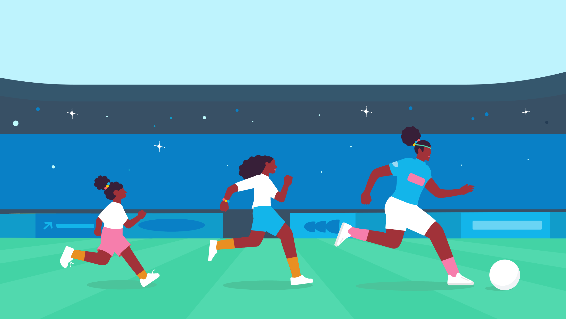 An illustration 3 generations of female footballers running after a football from left to right.