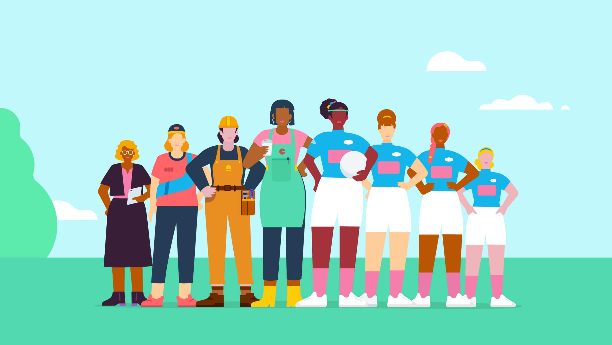 An illustration of a group of female small business owners and female football players standing together