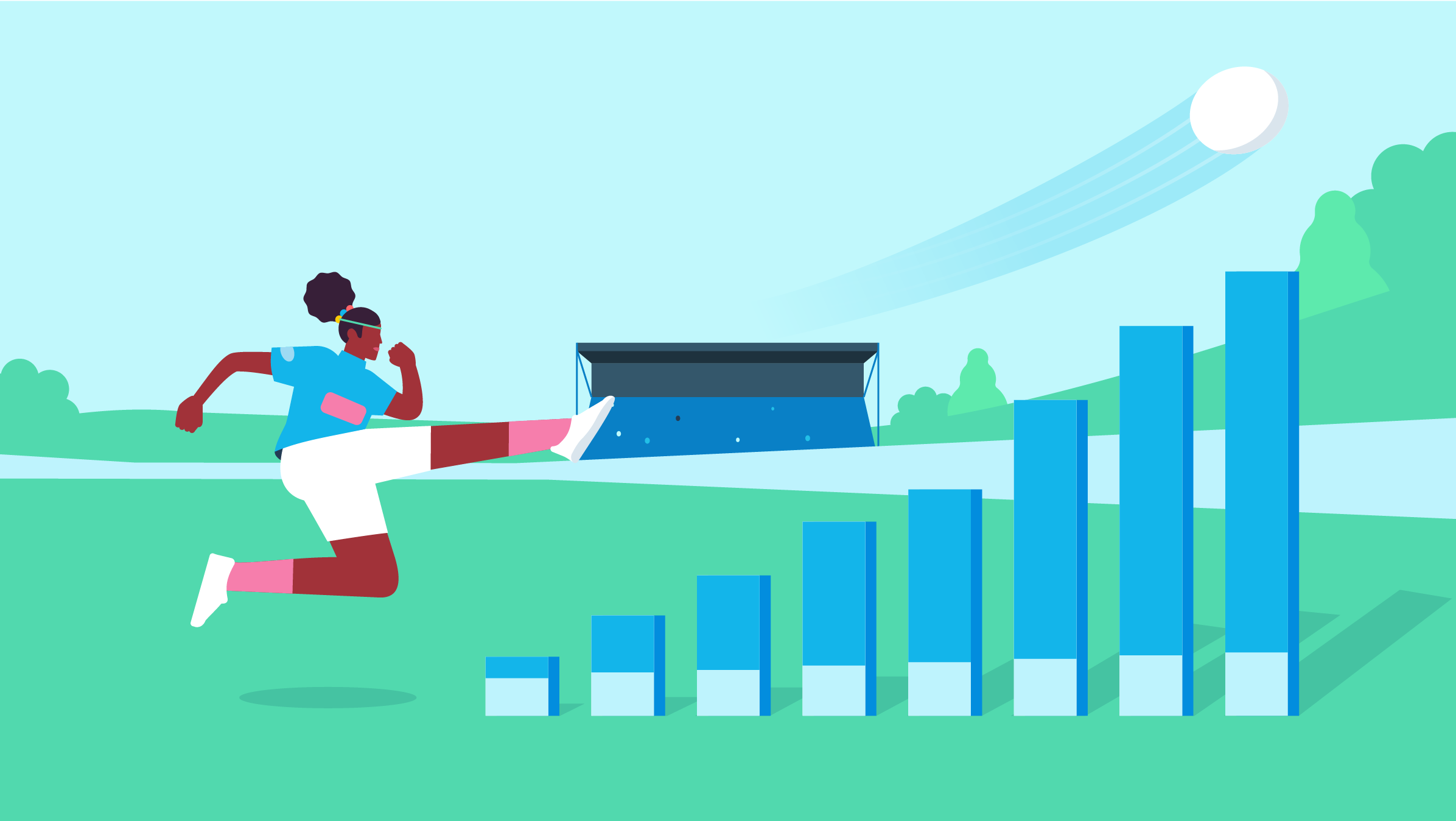 An illustration of a female footballer kicking a football over a line of bar graphs