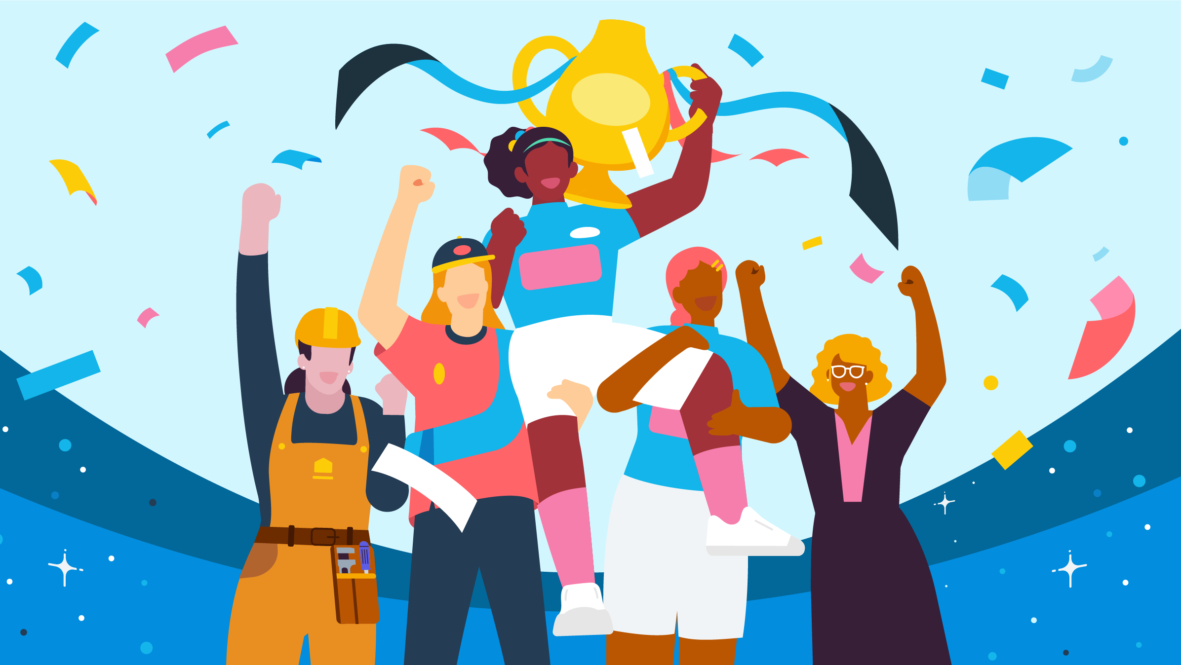 An illustration of female small business owners lifting a female football player on their shoulders as she celebrates winning