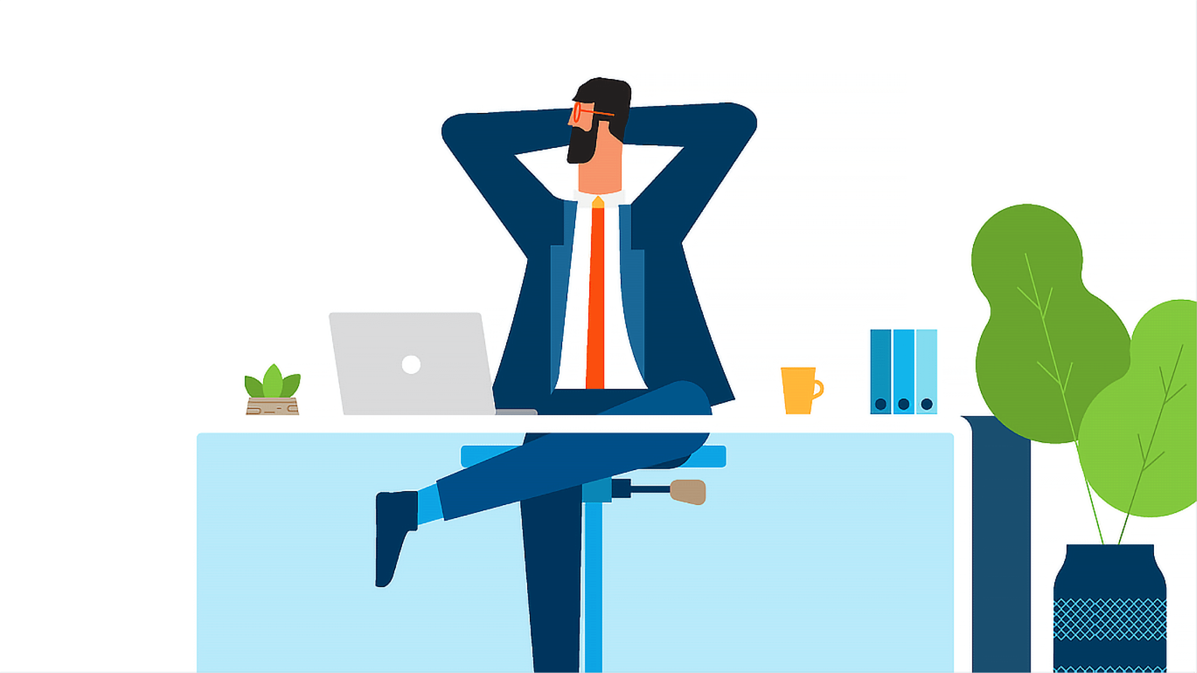 Xero makes accounting easy. An accountant stretches while sitting at his desk with a laptop, coffee and files.