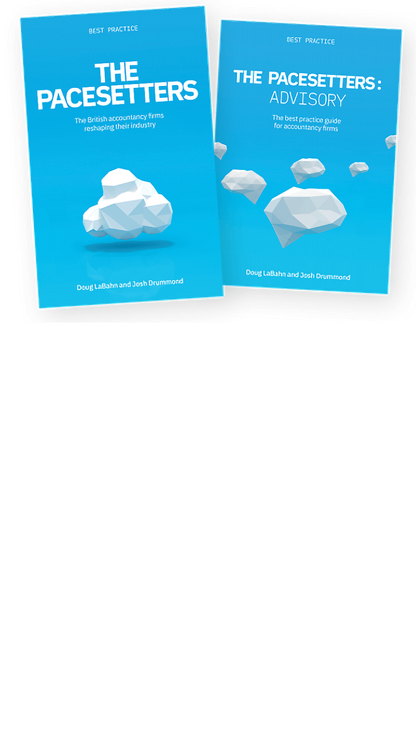 The Pacesetters guide covers, with digital clouds on a blue sky. Cloud accounting is explored in Xero’s best-practice books.