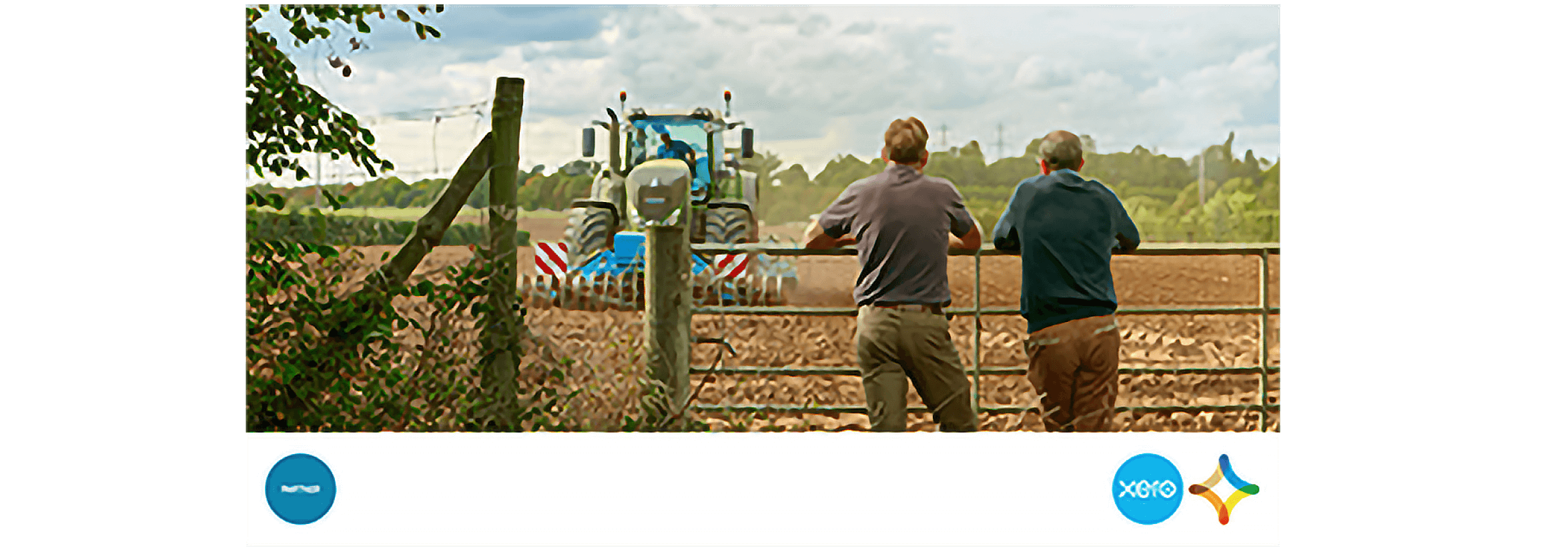 Social media tile featuring two farmers leaning on a farm fence, as a tractor ploughs the field.
